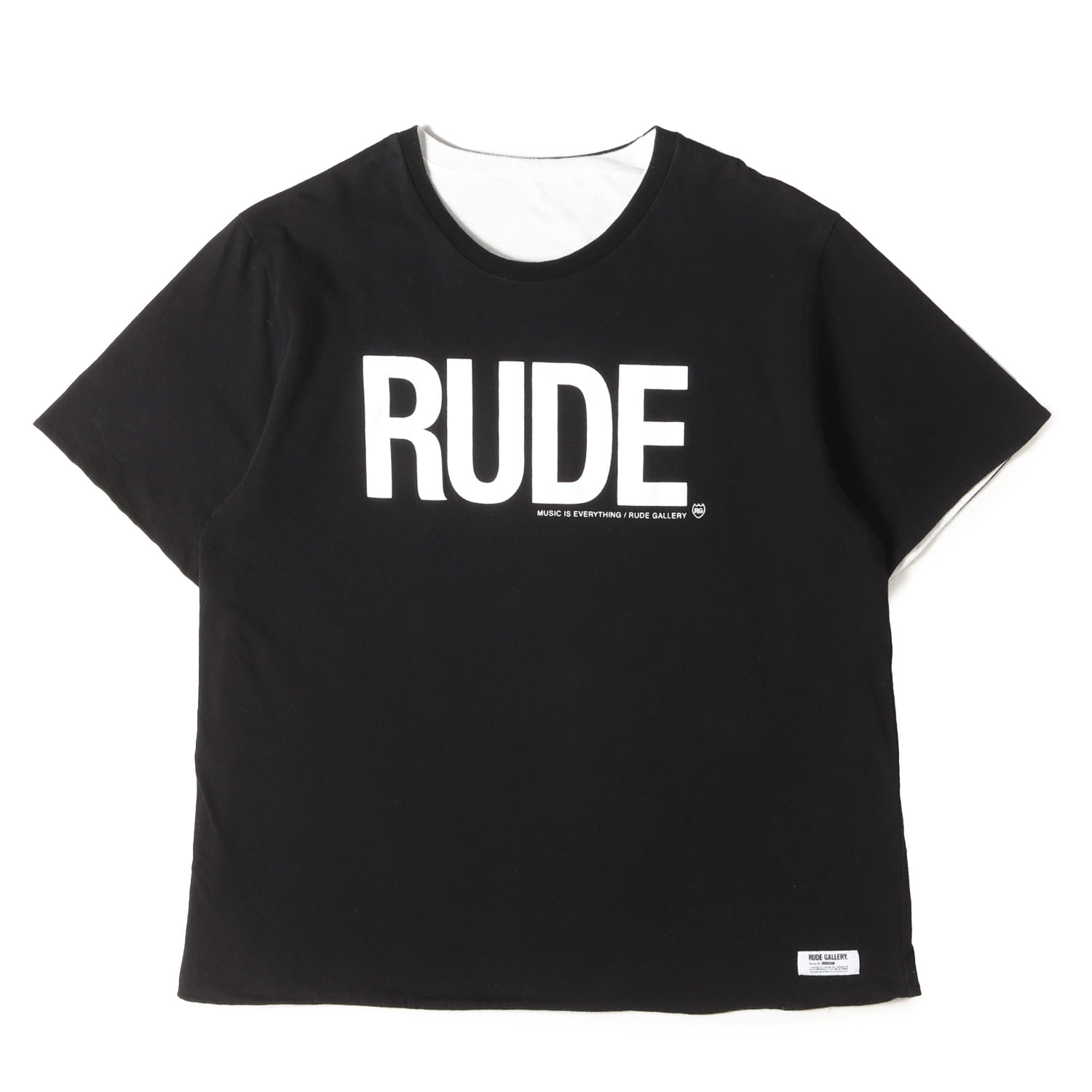 RUDE GALLERY ルードギャラリー Tシャツ ブラック ホワイト 黒白 サイズ:記載なし(M位) | SUNDINISTA EXPERIENCE RUDEロゴ リバーシブル Tシャツ | トップス カットソー 半袖【メンズ】【中古】【K4858】|ブランド古着のBEEGLE by Boo-Bee