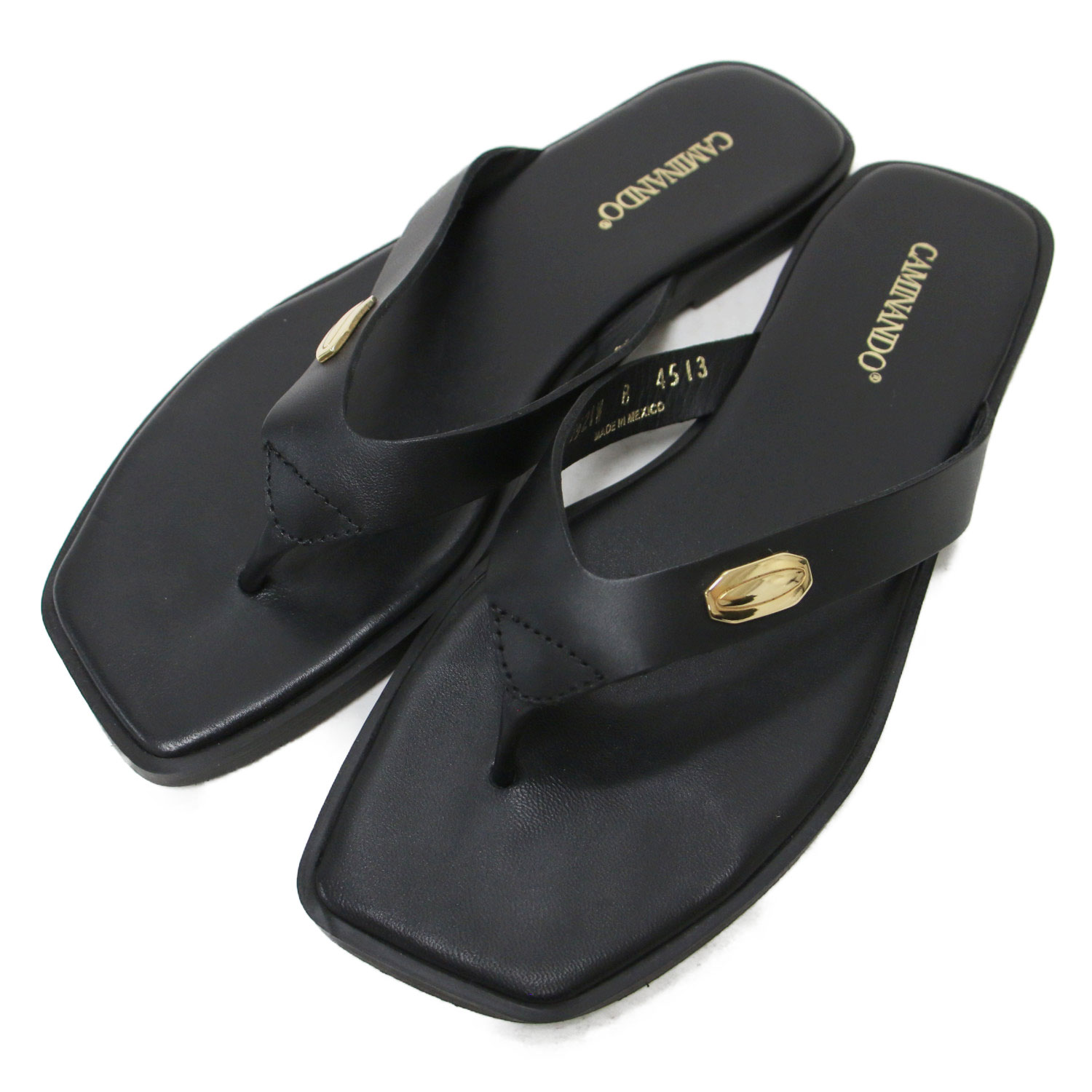 CAMINANDO カミナンド サンダル サイズ:38(25.0cm) | 25春夏 レザー トング サンダル / THONG FLAT SANDALS フラット スクエアトゥ | ブラック 黒 | ブランド シューズ 靴【レディース】【中古】【K4788】