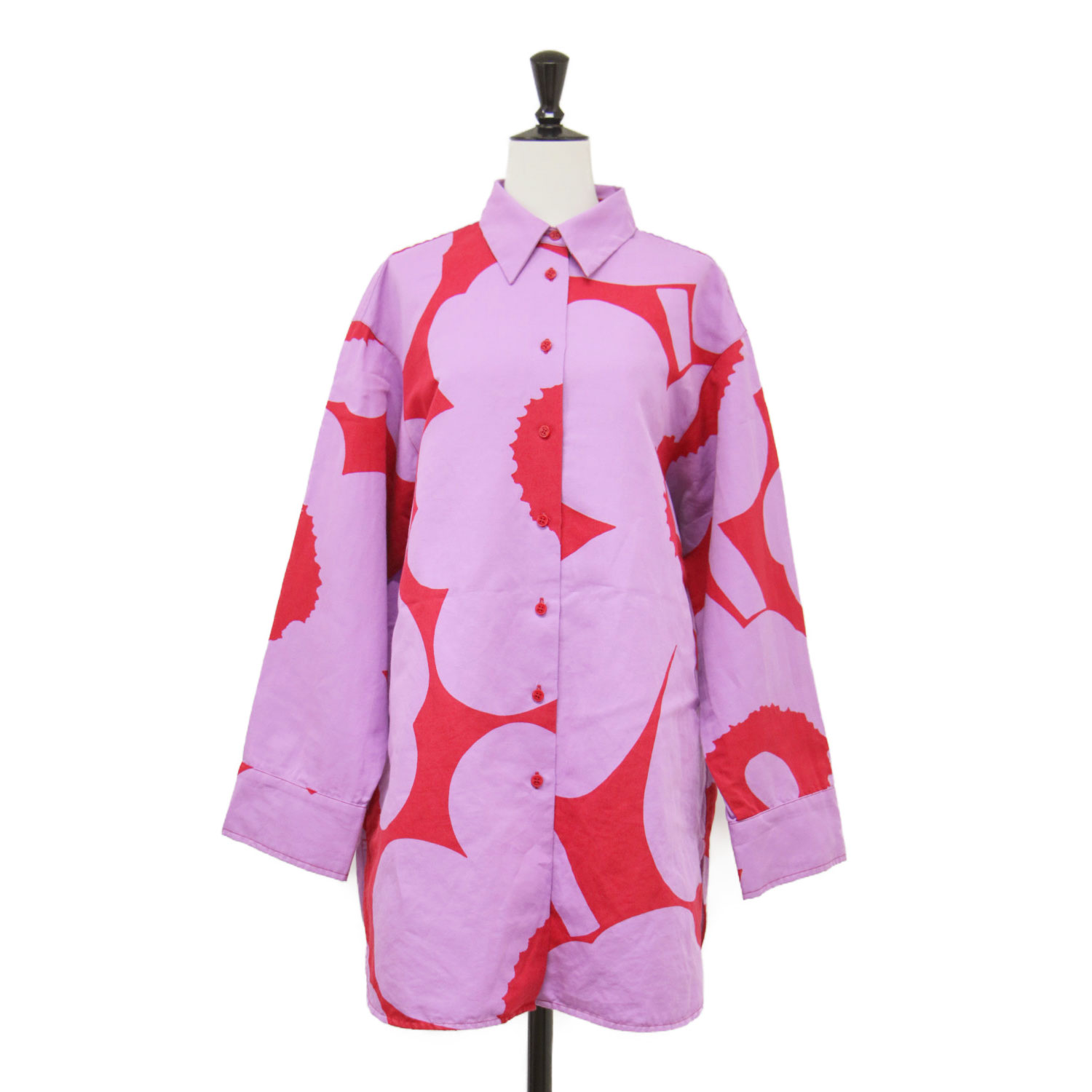 marimekko マリメッコ シャツ パープル レッド サイズ:34(XS) | 26春夏 Heitto Unikko 花柄 長袖 シャツ / 長袖 レギュラーカラー オーバーサイズ ウニッコ コットン リネン | トップス ブラウス【レディース】【中古】【美品】【K4788】