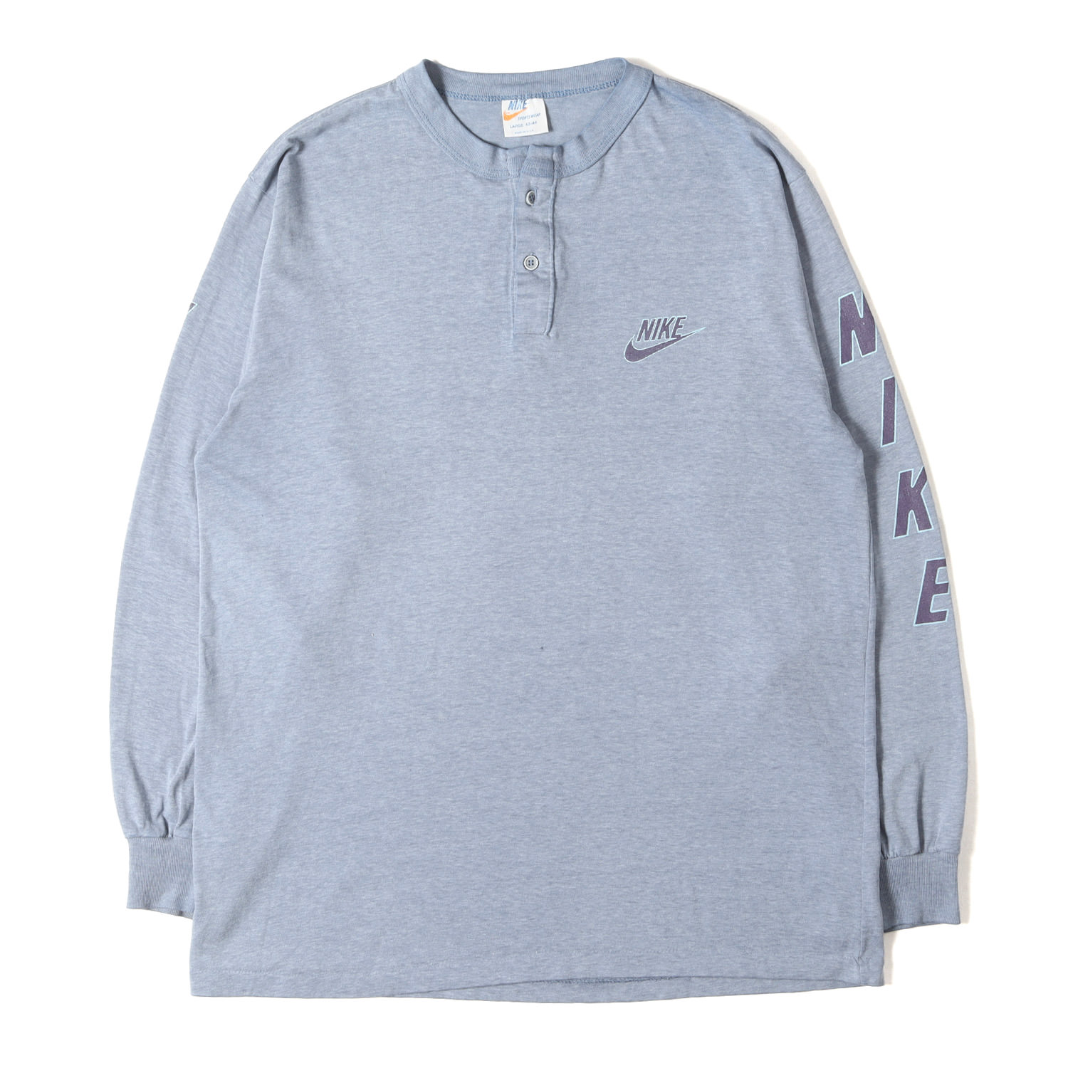 NIKE / vintage ナイキ ヴィンテージ Tシャツ ブルー 青 サイズ:L | [希少 オレンジタグ] 70s 袖デカロゴ ヘンリーネック ロングスリーブ Tシャツ USA製 | 長袖 トップス ヴィンテージ ビンテージ アメカジ【メンズ】【中古】【K4884】｜ブランド古着のBEEGLE by Boo-Bee