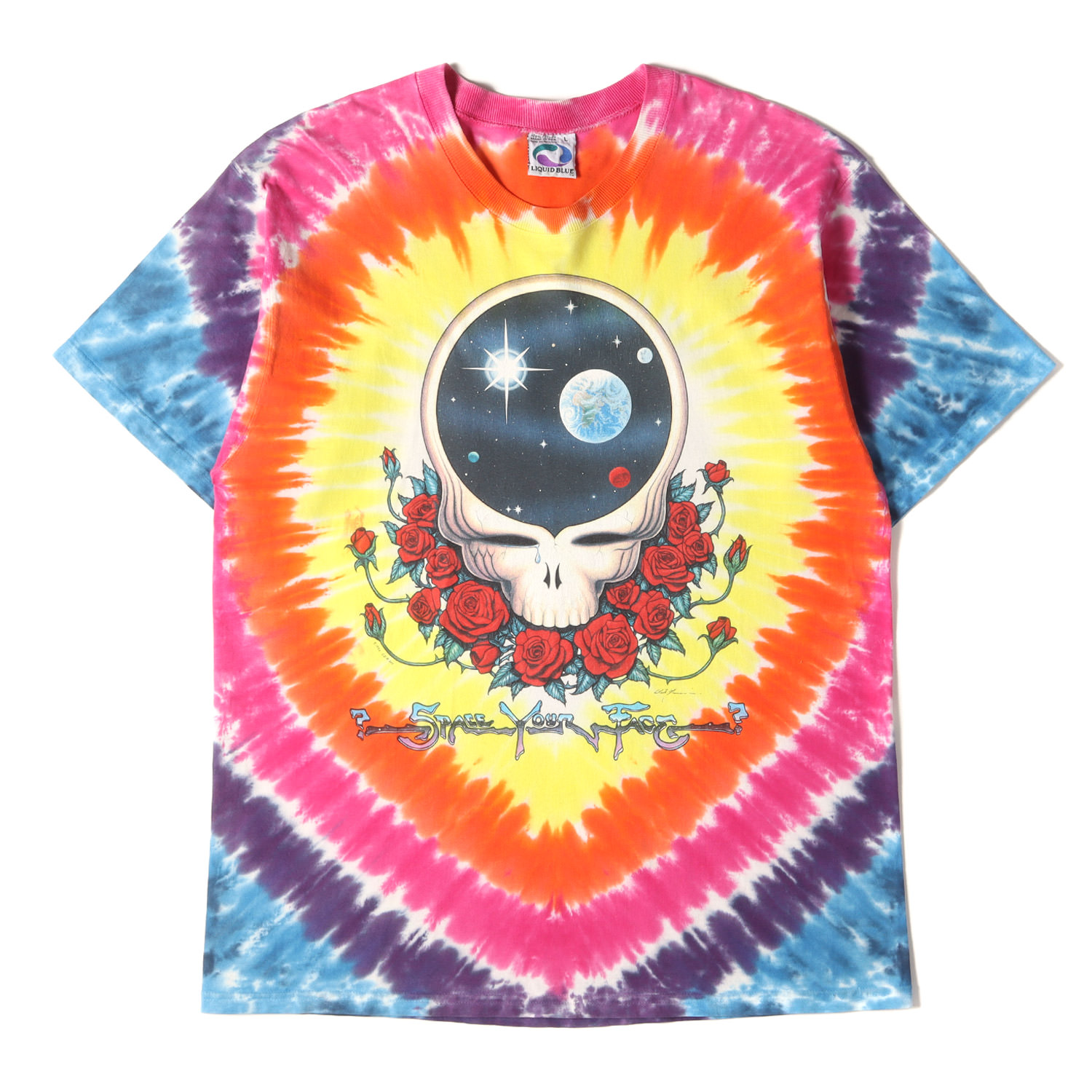 Vintage Music Item ヴィンテージミュージックアイテム プルオーバー マルチ色合い 大きさ:L | 90s Grateful Dead Space Your Face タイダイ染め プルオーバー USA製 LIQUID BLUE | 半袖 遊撃手 二分の一 捩り カットソー【メンズ】【中古】【K4840】