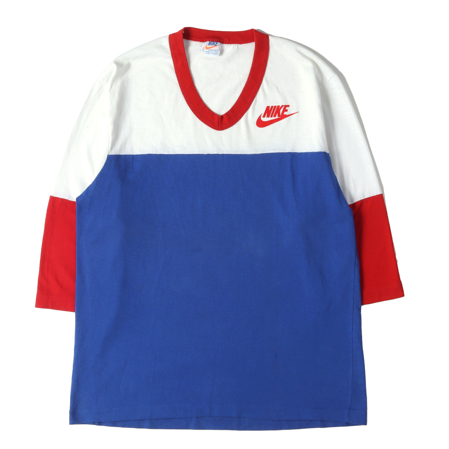 NIKE / vintage ナイキ ヴィンテージ Tシャツ ホワイト ブルー レッド サイズ:L | 希少 オレンジタグ | 70s フットボール Vネック 7分袖 Tシャツ | 70年代 USA製 古着 | トップス カットソー 半袖【メンズ】【中古】【K4837】|ブランド古着のBEEGLE by Boo-Bee