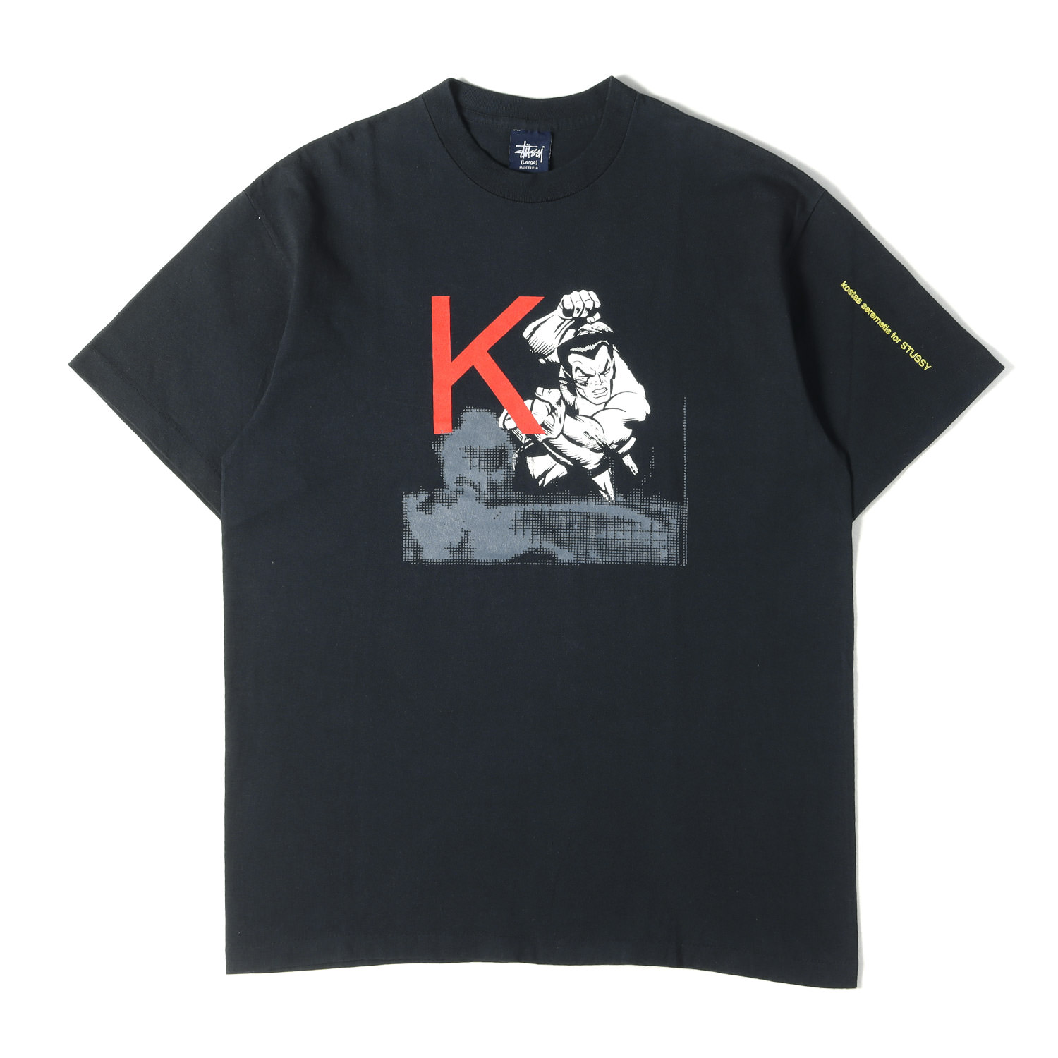 STUSSY ステューシー プルオーバー 黒いこと 黒 大きさ:L | 00s ×KOSTAS SEREMETIS グラフィック刷り上げる プルオーバー(USA製) | トップス カットソー 半袖【メンズ】【中古】【K4844】