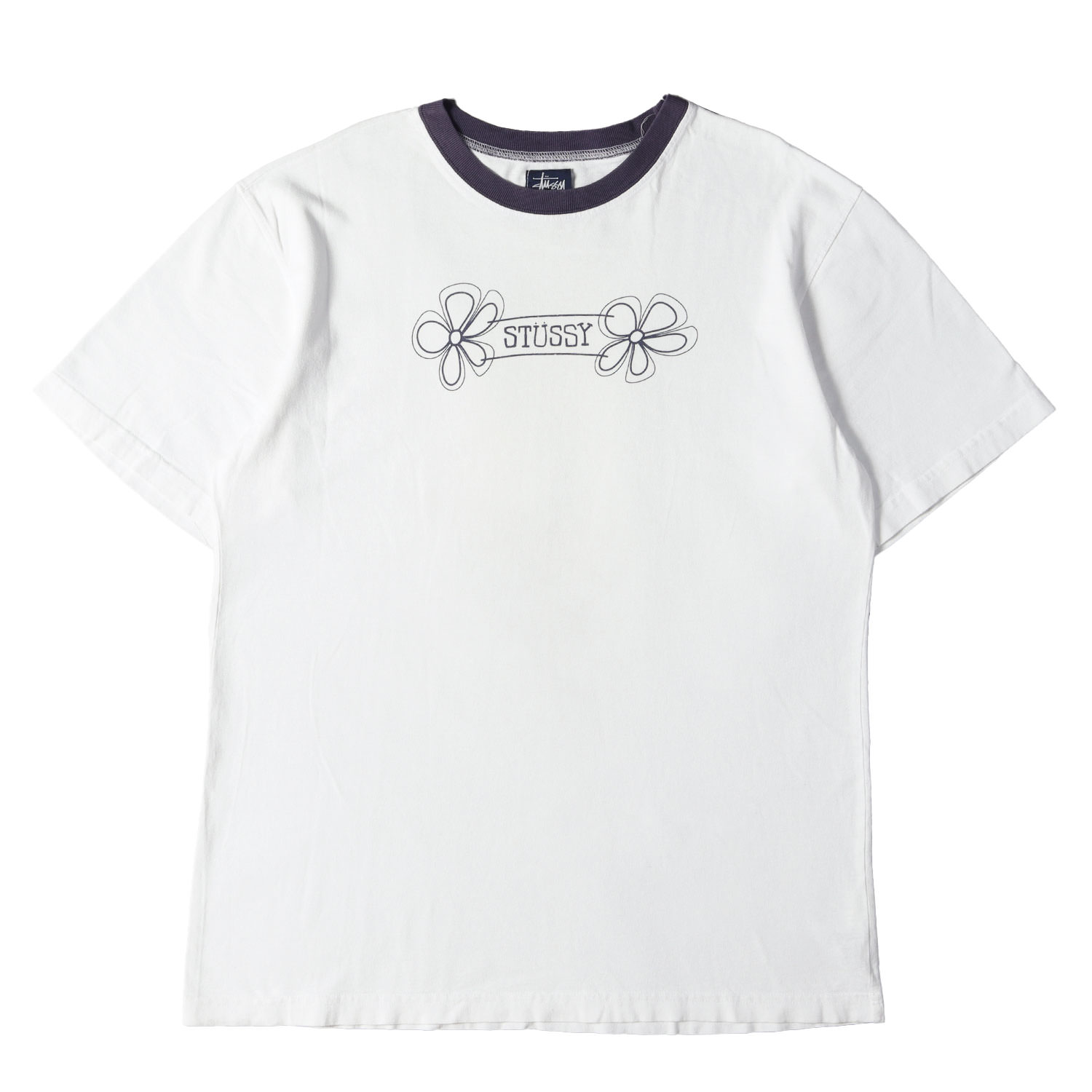 STUSSY ステューシー ティーシャツ 白いこと 白 大いさ:L | 00s 紺下げ札 お花ロゴタイプ 刷り上げる ティーシャツ(USA製) | トップス カットソー 半袖【メンズ】【中古】【K4838】