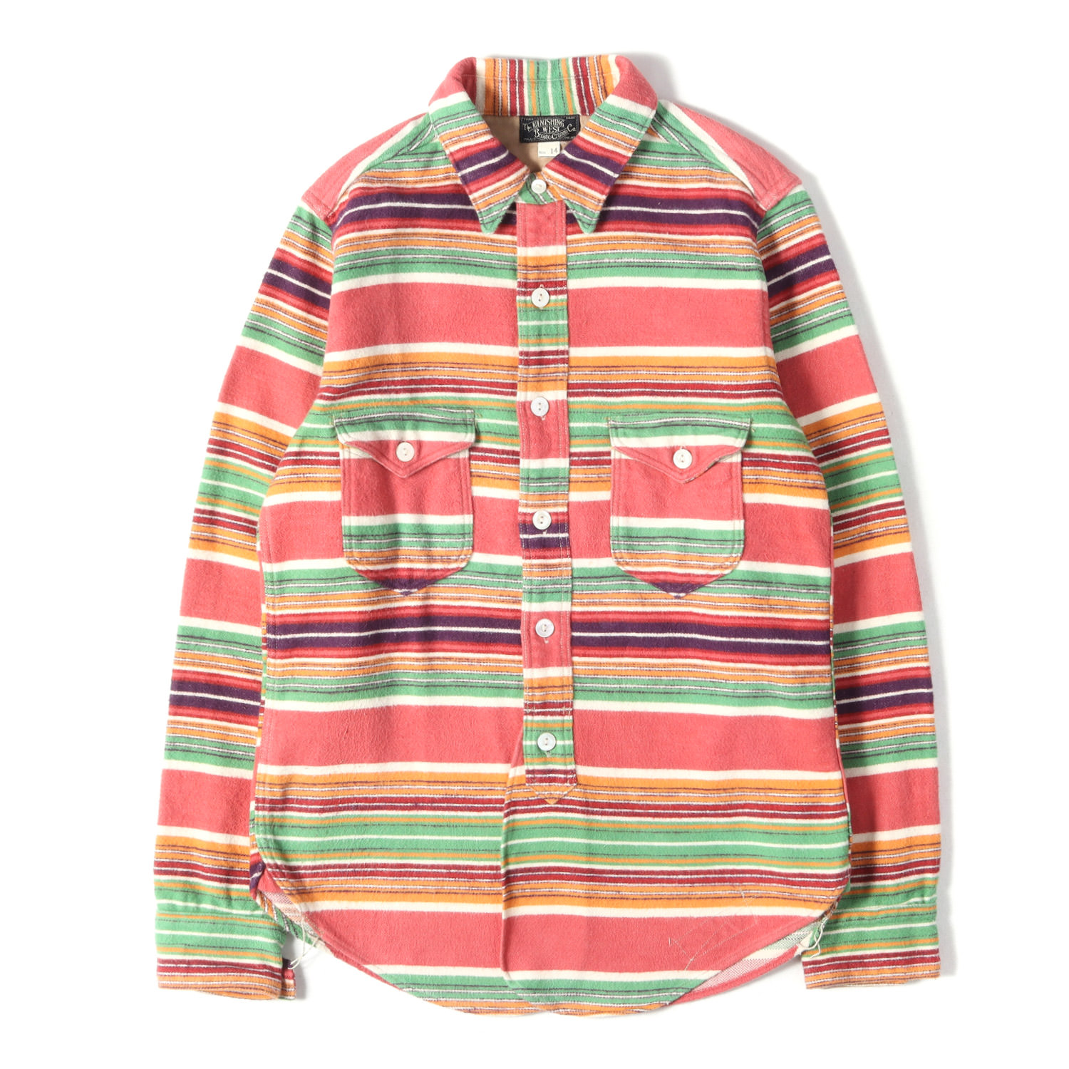 FREEWHEELERS フリーホイーラーズ シャツ サーモンピンク グリーン サイズ:14(XS) | ネイティブボーダー フランネルシャツ (THE VANISHING WEST PAINTED DESERT SHIRT) | トップス カジュアルシャツ 長袖【メンズ】【中古】【K4857】｜ブランド古着のBEEGLE by Boo-Bee