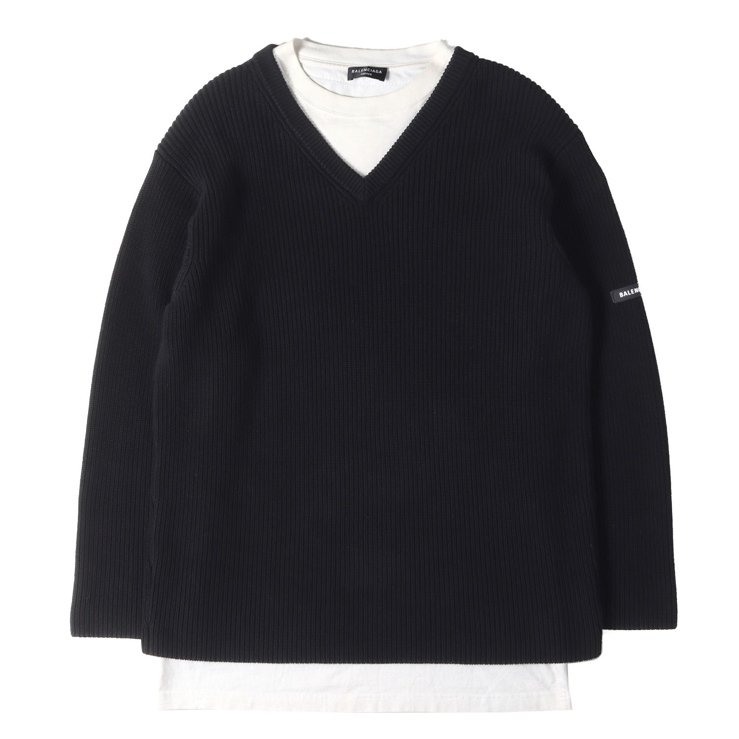 BALENCIAGA バレンシアガ 編み物 黒いこと 黒 大きさ:2 | 天然ゴム継ぎ切れ付き添い人 プルオーバー 花の冠yd Vのど頚 綿織物 肋筋 編み物 (Layered V-neck Sweater) | トップス プルオーバー イタリア共和国製【メンズ】【中古】【K4856】