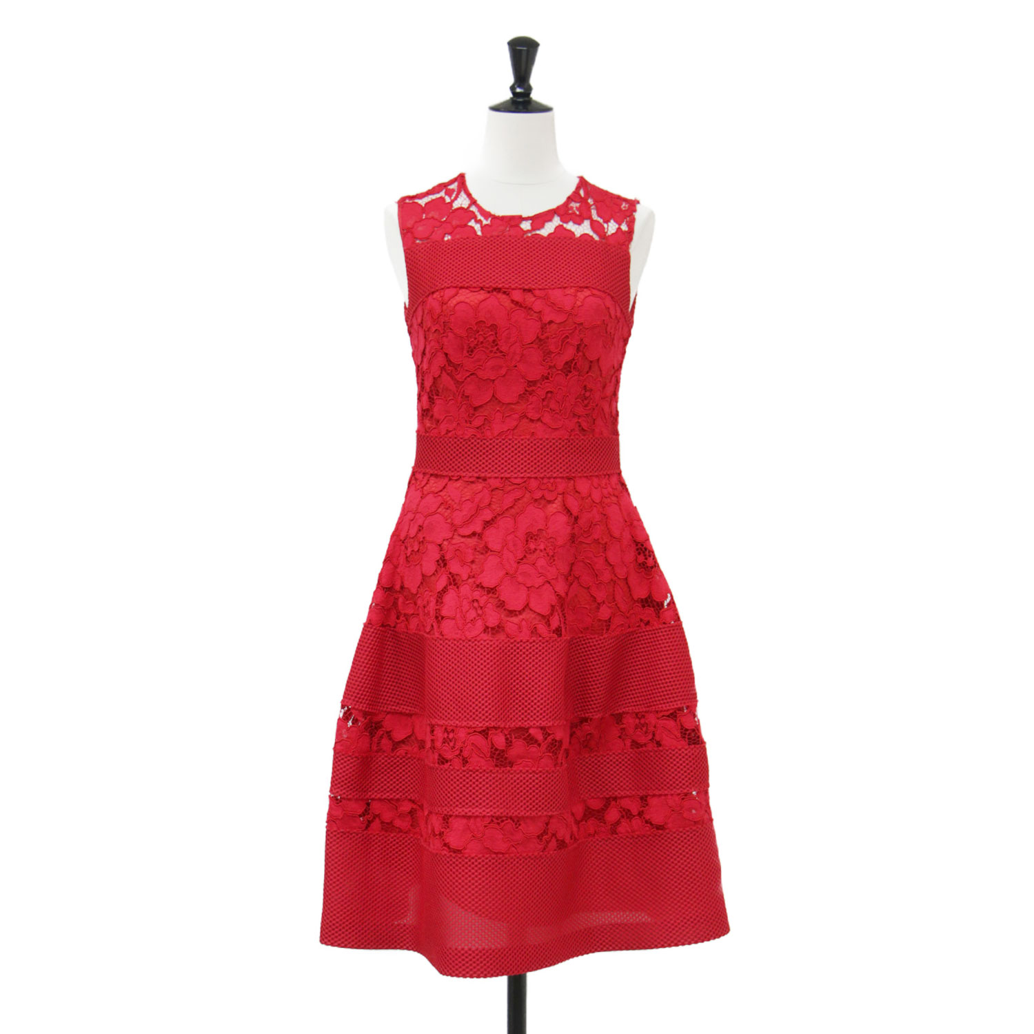 CAROLINA HERRERA キャロライナヘレラ 衣裳 赤いこと 大きさ:0(XS) | スピード競技 メッシュ 太陽フレア衣裳 / 御召しもの ノースリーブ 労働者の一団のど首 MIDI丈 A伝達ルート | トップス【レディース】【中古】【K4837】