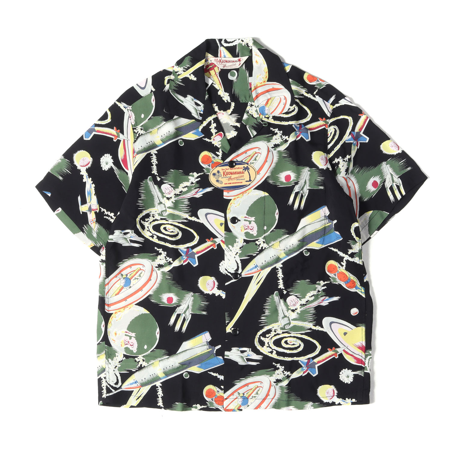 SUN SURF サンサーフ シャツ ブラック 黒 サイズ:S | 新品 人気モデル | HINOYA別注 スペースシップ柄 レーヨン アロハシャツ | KUONAKAKAI実名復刻 SPECIAL EDITION | SS38909HY | トップス ハワイアンシャツ 半袖【メンズ】【K4874】|ブランド古着のBEEGLE by Boo-Bee