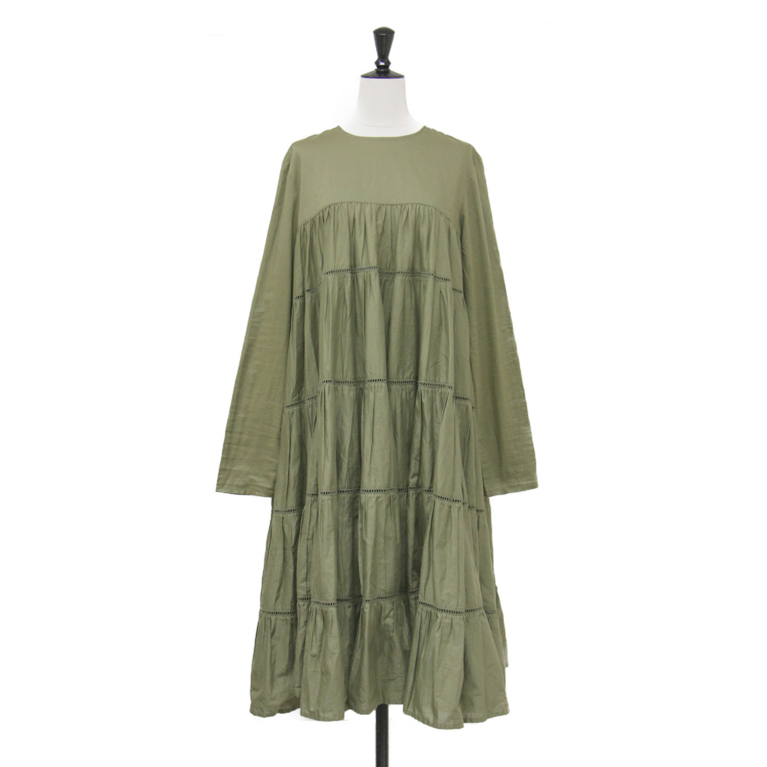 Merlette マーレット ワンピース カーキ サイズ:XS | 23秋冬 エッサオーイラ コットン ティアード ロングスリーブ ワンピース / ESSAOUIRA 長袖 クルーネック フレア ギャザー レース | トップス ドレス【レディース】【中古】【K4857】|ブランド古着のBEEGLE by Boo-Bee