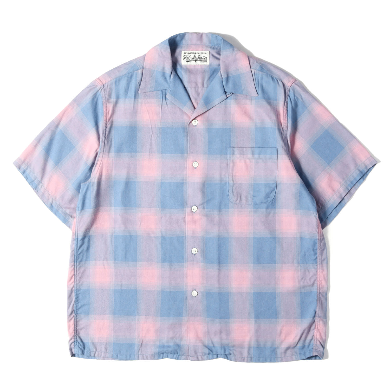 WACKO MARIA ワコマリア プルオーバー サクラ色×青色 大きさ:S | 22SS オンブレチェック 公公然たる色つや 人絹 半袖プルオーバー(OMBRAY CHECK OPEN COLLAR SHIRT S/S) | トップス 心地よいプルオーバー【メンズ】【中古】【K4816】