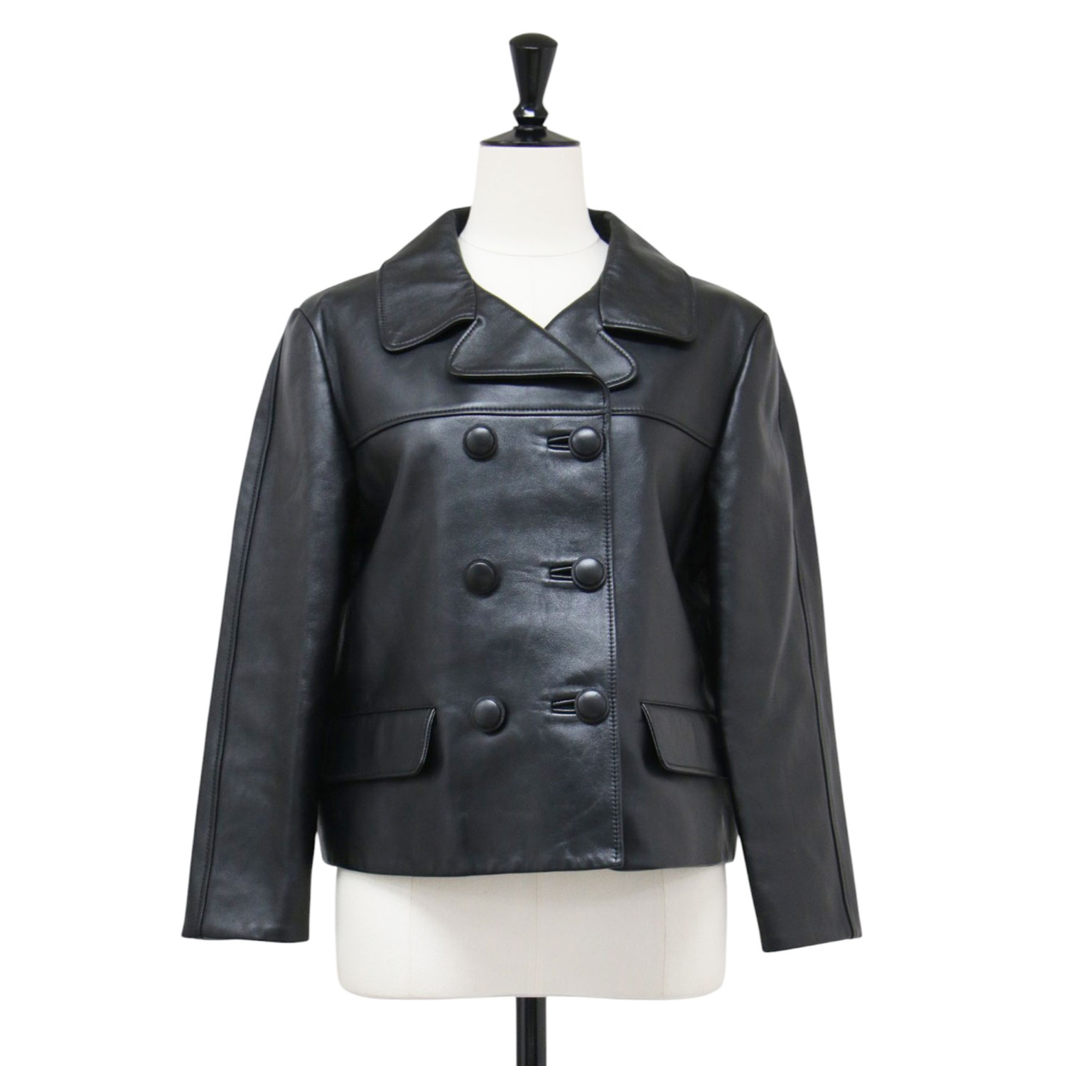 CELINE セリーヌ 上衣 黒いこと 黒 大きさ:34(XS) | 子ヒツジなめし革 パウダーコンパクト 上衣 | 遊撃手丈 長袖 ダブル テーラードカラー | イタリア製 | アウター 上衣 厚地の外套【レディース】【中古】【K4818】