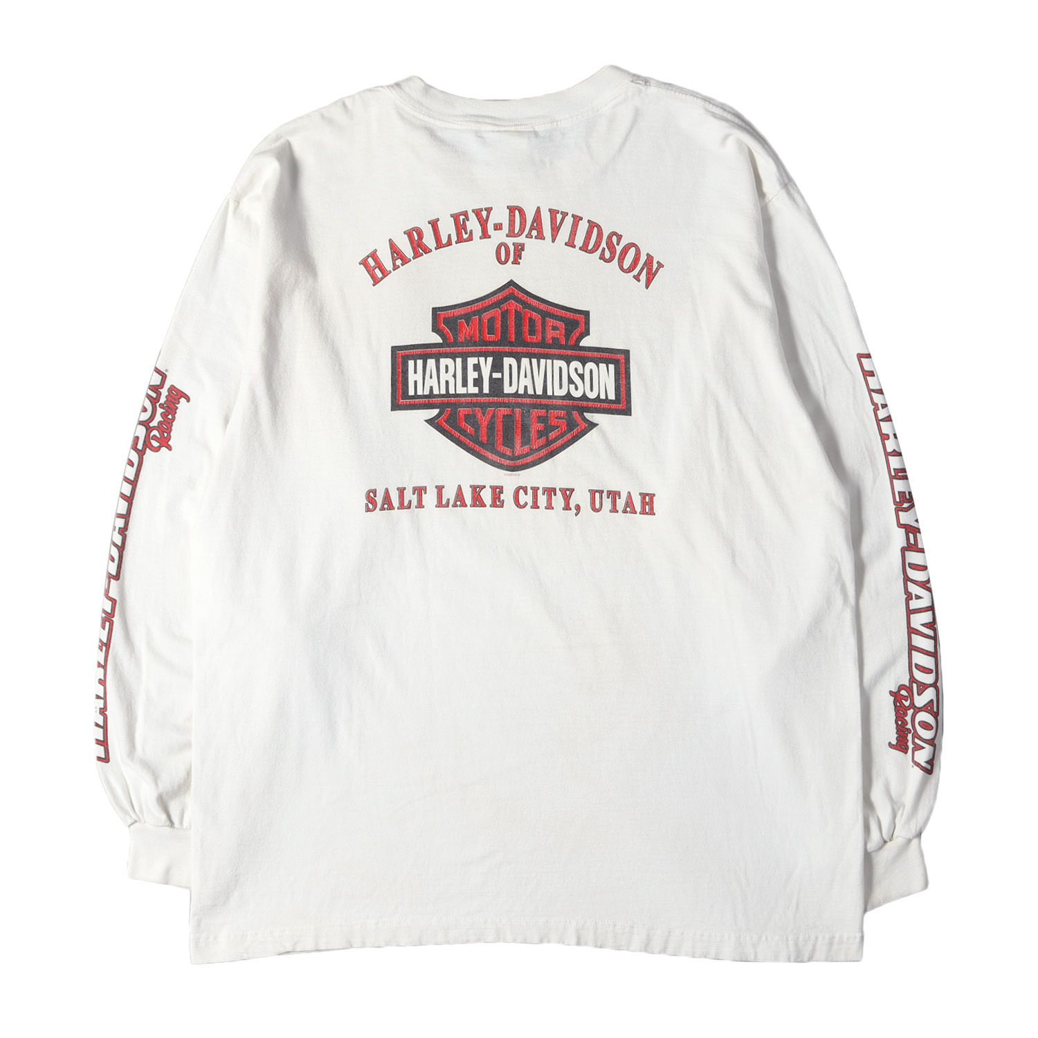 HARLEY-DAVIDSON ハーレーダビッドソン Tシャツ ホワイト 白 サイズ:XL | 人気モデル | 00s 4面プリント チェッカー フレイム エンブレム ロングスリーブ Tシャツ | USA製 | 00年代 古着 ヴィンテージ | トップス カットソー 長袖【メンズ】【中古】【K4818】|ブランド古着のBEEGLE by Boo-Bee