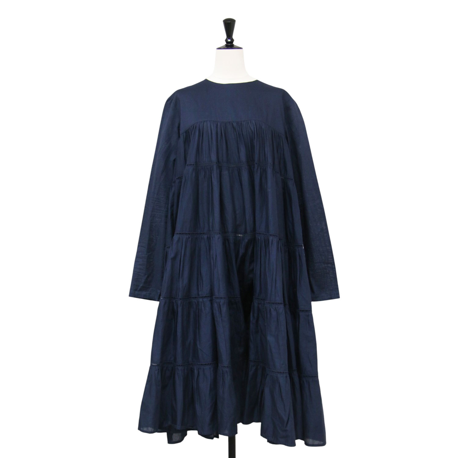 Merlette マーレット ワンピース ネイビー 紺 サイズ:XS | コットン ティアード ロングスリーブ ワンピース | 長袖 クルーネック フレア ギャザー レース | トップス ドレス【レディース】【中古】【K4882】｜ブランド古着のBEEGLE by Boo-Bee