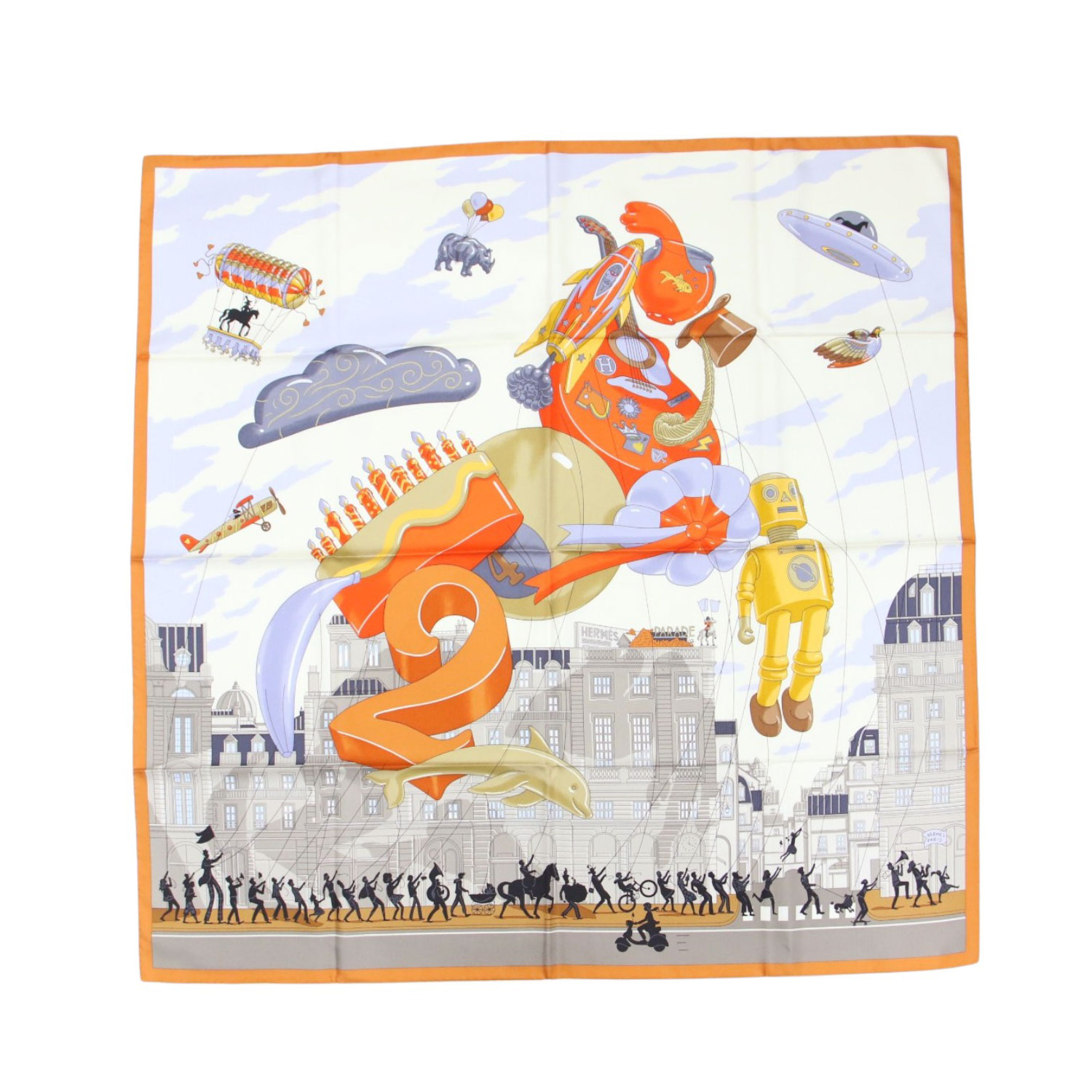 HERMES エルメス | カレ 90 エルメス・パラード 地絹 えり巻き | 大判 四角四面 | 刷り上げる | オレンジ色 白いこと 薄墨色 | フランス共和国製 ブランド名 流行り物 科目【レディース】【中古】【K4842】