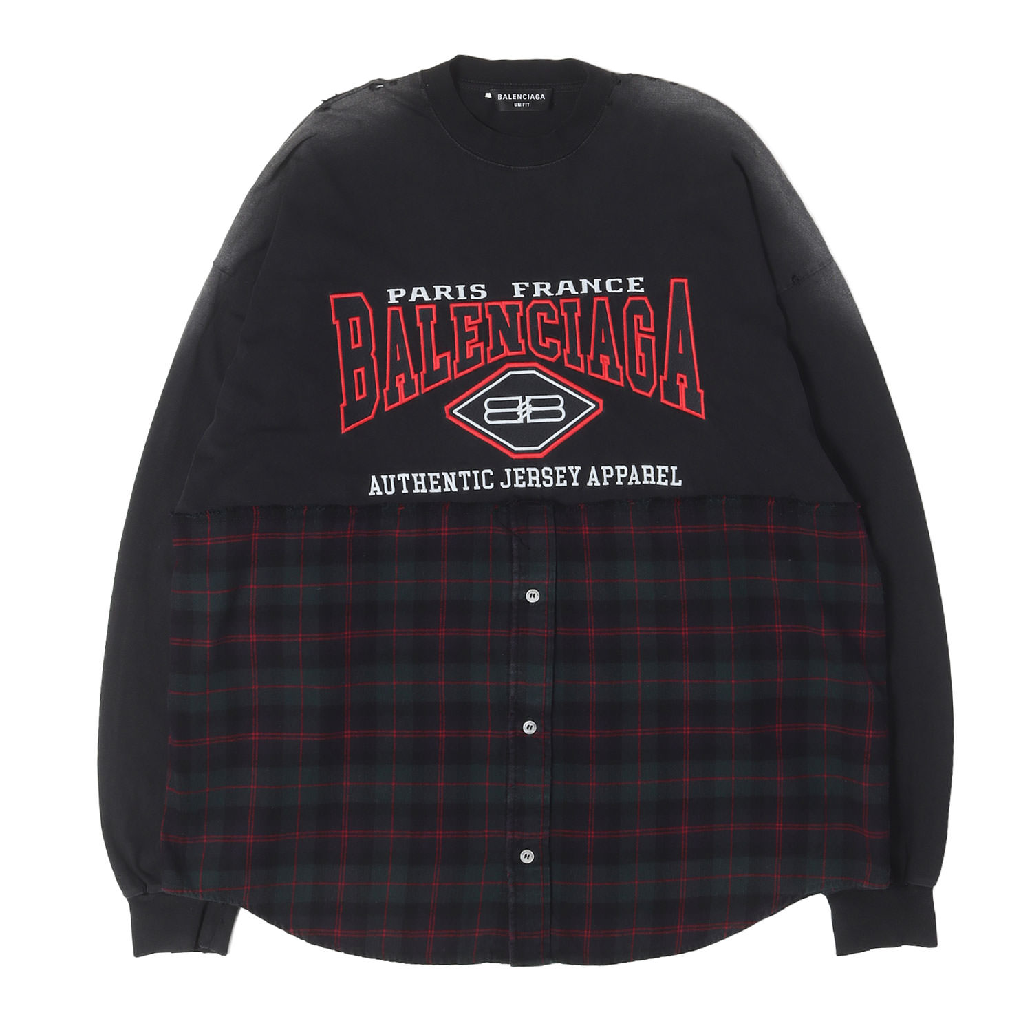 【美品】BALENCIAGA バレンシアガ Tシャツ ブラック グリーン ネイビー サイズ:L 21AW デストロイ フェード加工 切替 ロングスリーブ Tシャツ B AUTHENTIC PATCHED トップス カットソー 長袖【メンズ】【中古】【K4871】|ブランド古着のBEEGLE by Boo-Bee