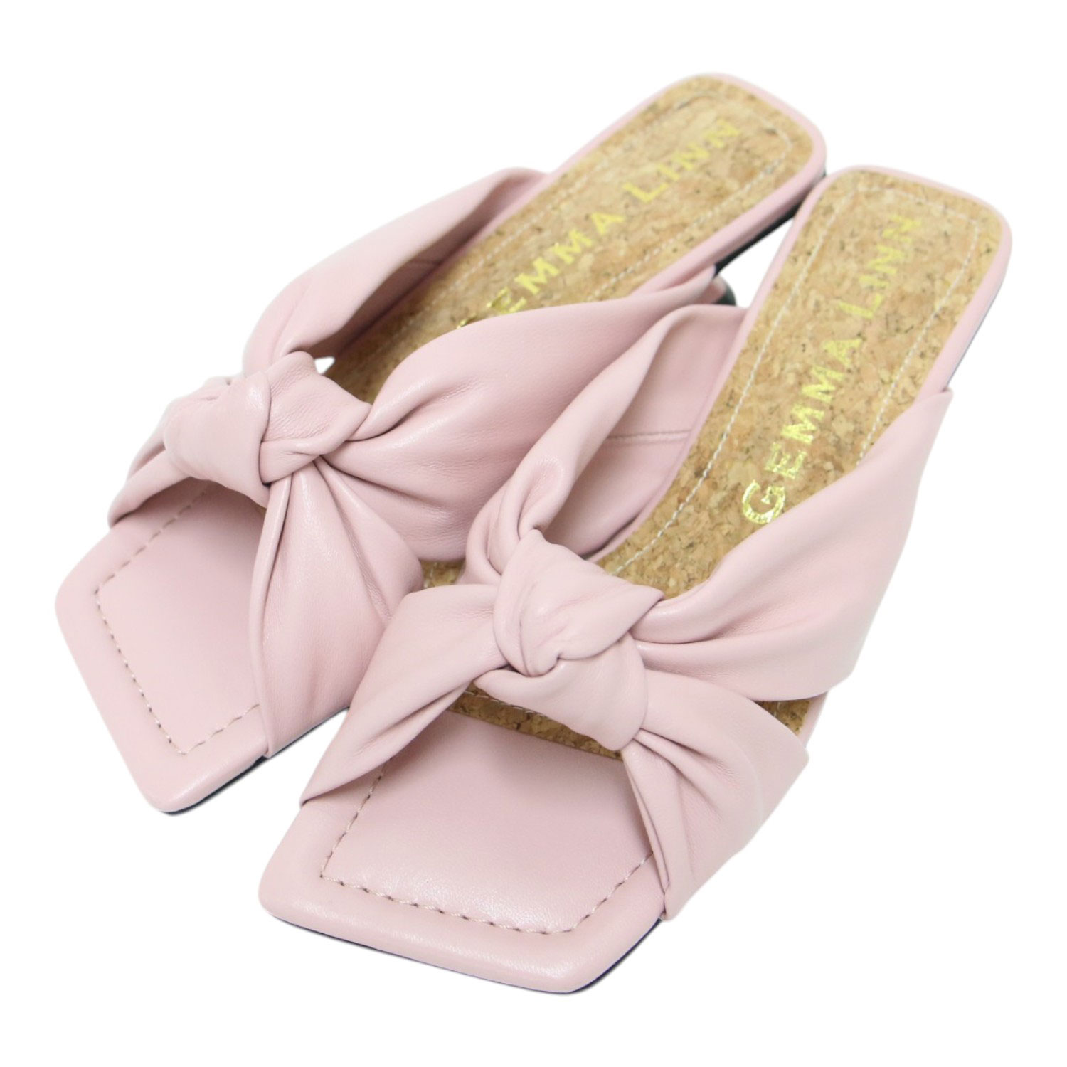 【美品】GEMMA LINN ジェマ リン サイズ:37(24.0cm) 25春夏 結びリボンミュールサンダル Daniella&GEMMA オープントゥ スクエアトゥ ローヒール レザー コルク ピンク ブランド シューズ 靴【レディース】【中古】【K4871】｜ブランド古着のBEEGLE by Boo-Bee