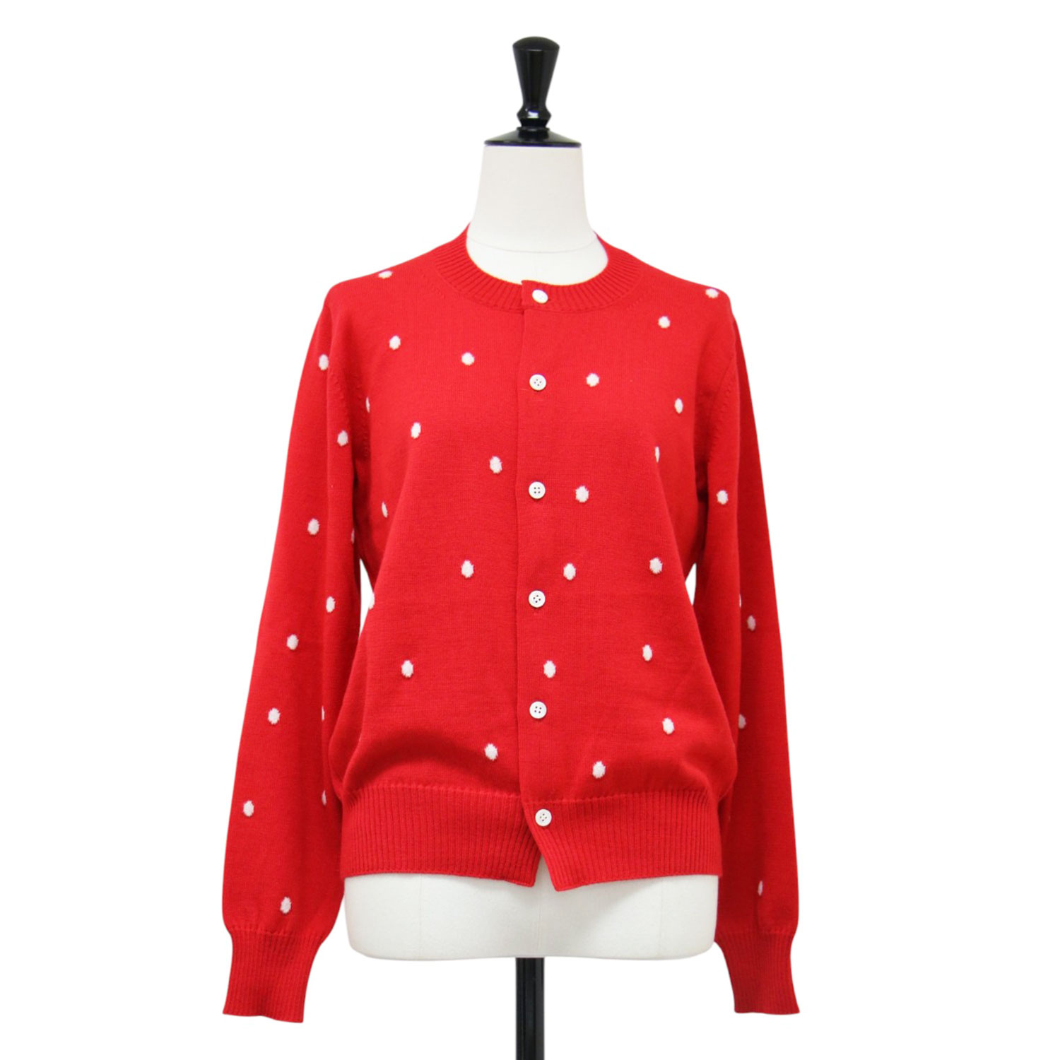 【美品】tricot COMME des GARCONS トリコ コム デ ギャルソン カーディガン レッド ホワイト サイズ:S ドット柄 ウール カーディガン TD-N017 ニット 長袖 クルーネック トップス セーター 羽織り【レディース】【中古】【K4873】|ブランド古着のBEEGLE by Boo-Bee