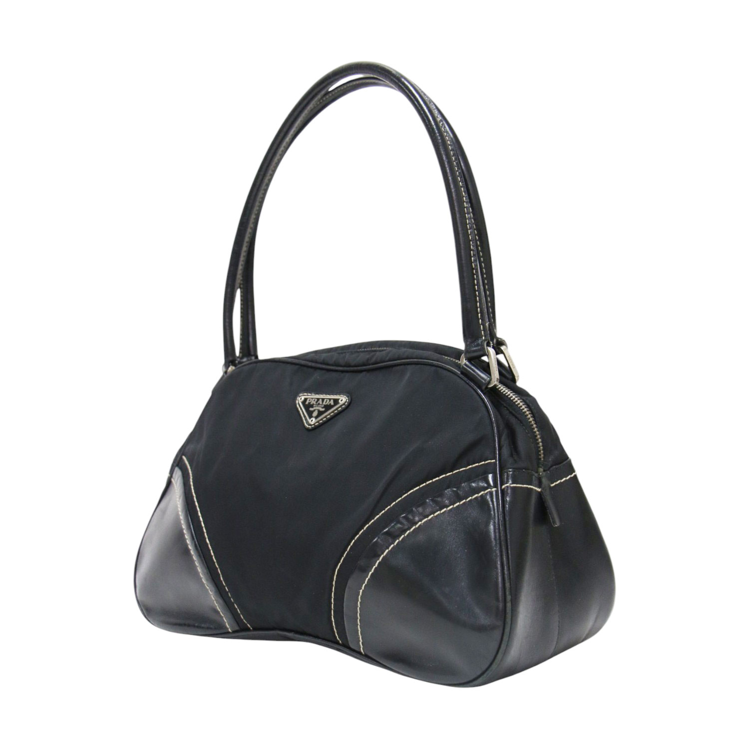 【ヴィンテージ】PRADA プラダ バッグ ブラック 黒 ナイロン レザー ミニ ボストンバッグ ハンドバッグ ショルダー 肩掛け トライアングルロゴ ステッチ イタリア製 ブランド カバン【レディース】【中古】【K4880】｜ブランド古着のBEEGLE by Boo-Bee