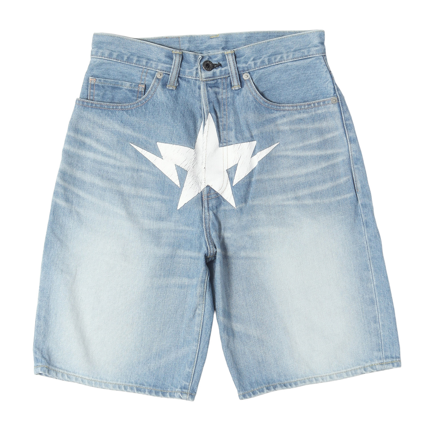 A BATHING APE ア ベイシング エイプ パンツ ライトインディゴ サイズ:S 23SS ヴィンテージ加工 フロント ツインSTA デニムショーツ Star Logo Denim Shorts 日本製 ボトムス ショートパンツ【メンズ】【中古】【K4881】|ブランド古着のBEEGLE by Boo-Bee
