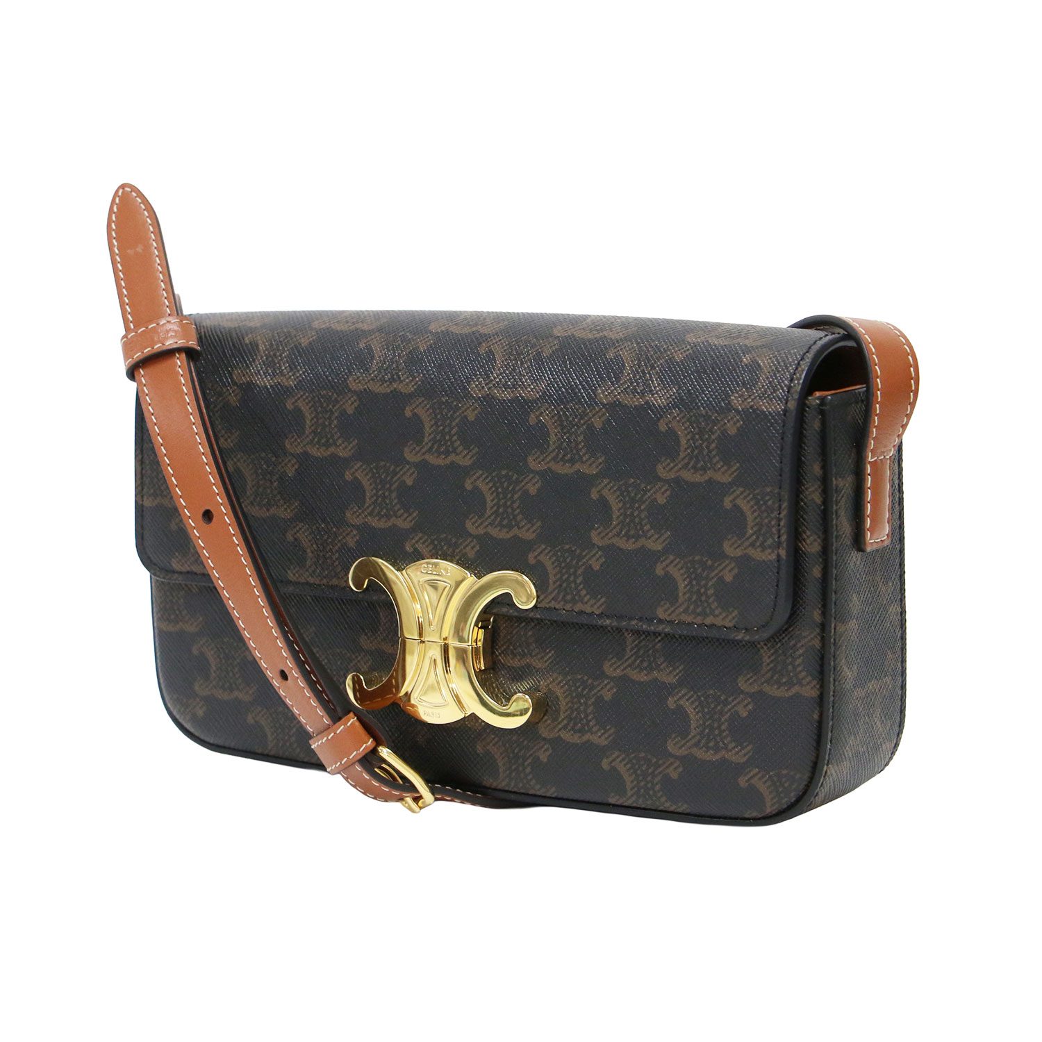 【美品】CELINE セリーヌ クロード トリオンフ ワンショルダーバッグ 肩掛け ロゴ キャンバス プッシュロック レザー ダークブラウン ブランドバッグ カバン【レディース】【中古】【K4881】｜ブランド古着のBEEGLE by Boo-Bee