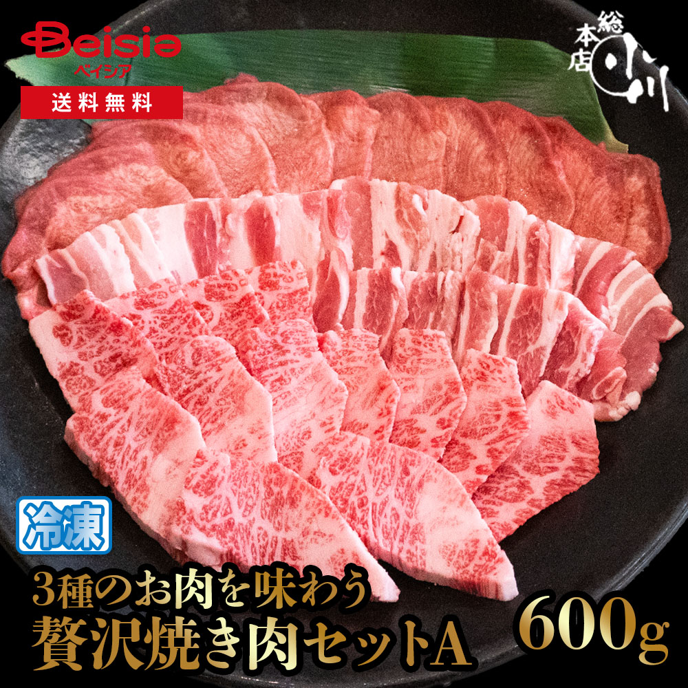 小川畜産総本店 焼肉セットA（合計600g） 冷凍 | 焼肉セット 600g 冷凍 牛肉 豚肉 鶏肉 バーベキュー BBQ 盛り合わせ 家族 友人 お祝い ギフト 贈り物 ホームパーティー
