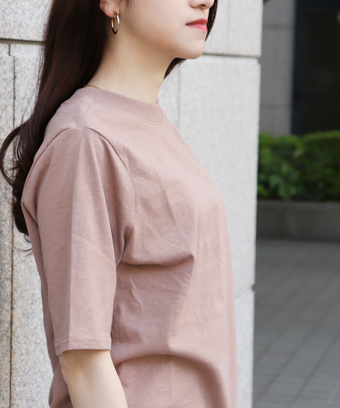 大きいサイズレディース プチハイネック Tシャツ シンプル トップス ラウンドヘム カットソー 5分袖
