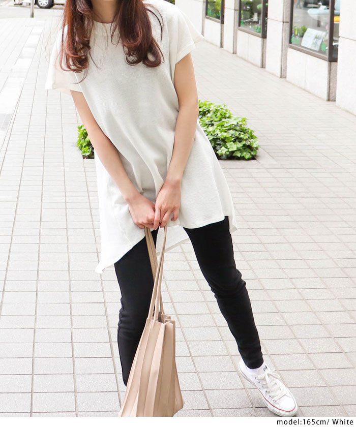 大きいサイズレディース ワッフル素材 チュニック 綿100 トップス カットソー Tシャツ 半袖 テールカット バックフレア