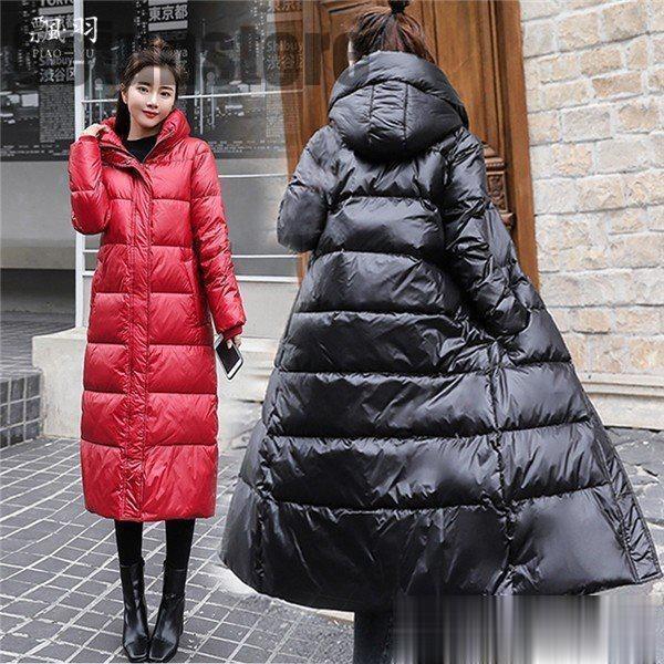 【継続期間押さえる10％OFF】落ち込む厚地の外套 レディース ロング 上衣 エナメル ボンネット 照明ランプ色つや a伝達ルート 着痩せ 撥水 馬鹿でかい大きさあり 黒いこと 無地