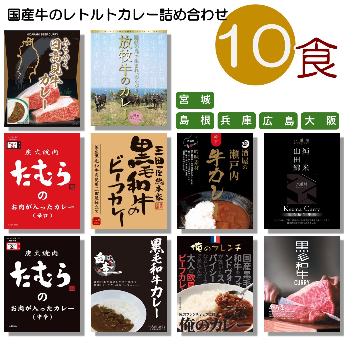 ご当地カレーセット 国産牛 10種類 セット 父の日 （ みちのく 日高見牛 隠岐の島 放牧牛 三田屋 酒屋の瀬戸内牛 純米山田錦 炭火焼肉 たむら 中辛 辛口 焼肉白李 黒毛和牛 俺のフレンチ 但馬屋 ）食べ比べ 詰め合わせ ええもん バラエティ プレゼント レトルト食品 curryset