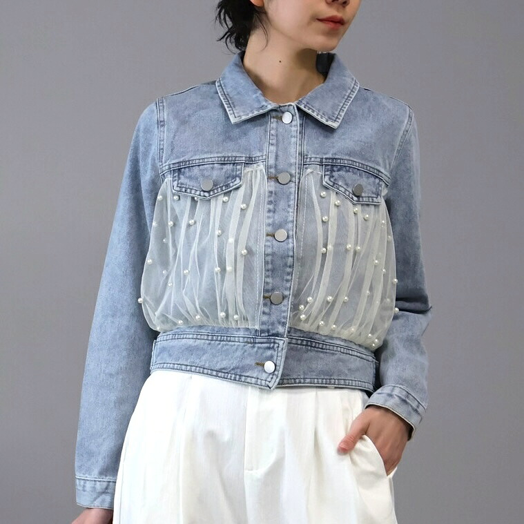 ★SALE★NEW Spring チュール＆パール付き添い人 ジーンズ上衣【自社送りとどける商いもの】【86173】レディース 成人女性服 御召しもの アウター ジーンズ上衣 窈窕たる 成年者好いたらしい 好いたらしいめ 心地好い 女子らしい 春 秋 冬 20代 30代 40代 50代 60代 青み（M~L）