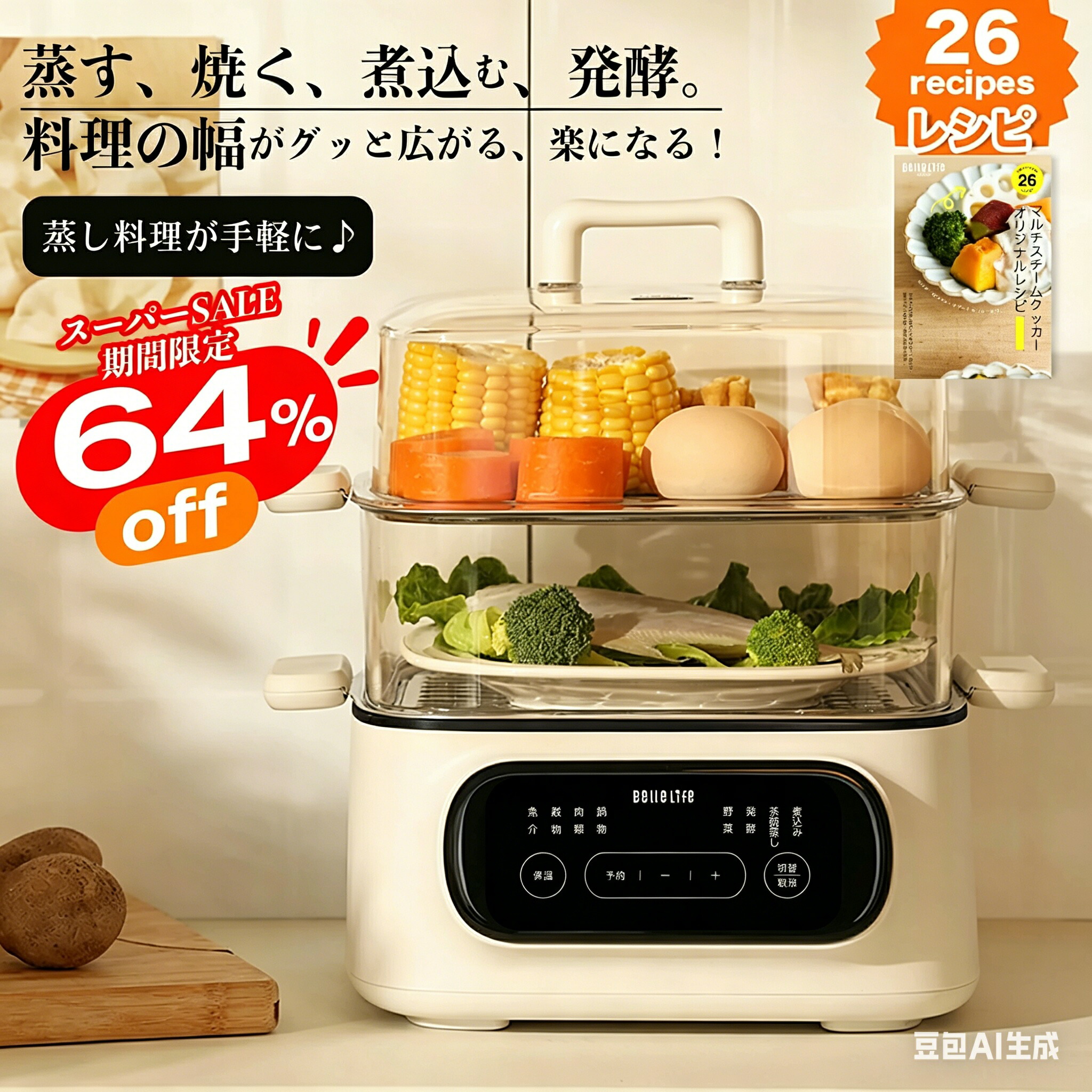 【マラソン最終日～半額！更にP8倍UP】蒸し器 電気蒸し器 スチームクッカー ゆで卵メーカー 温泉卵 半熟 固ゆで ゆでたまご エッグスチーマー ゆで卵 せいろ レシピ エッグスチーマー エッグクッカー 蒸篭 蒸し料理 予約 タイマー 温野菜ウォーマー