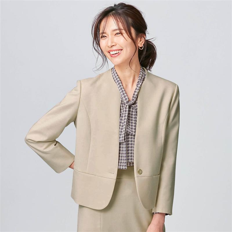 楽天市場 ノーカラージャケット 腕はり R ベージュ 7ar 9ar 11ar 13abr 15abr 17abr ベルメゾン レディース ジャケット アウター ノーカラー スタンドカラー ベルメゾン 大人ファッション