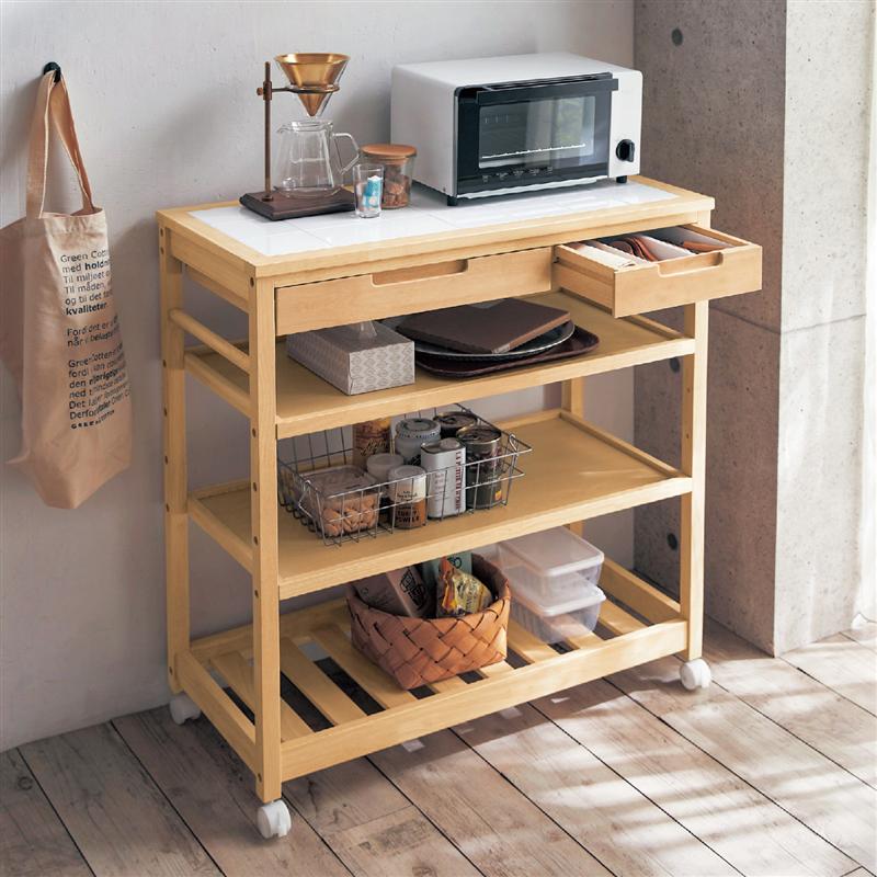 ❤️美品❤️ベルメゾン バスケット付きタイル天板キッチンワゴン