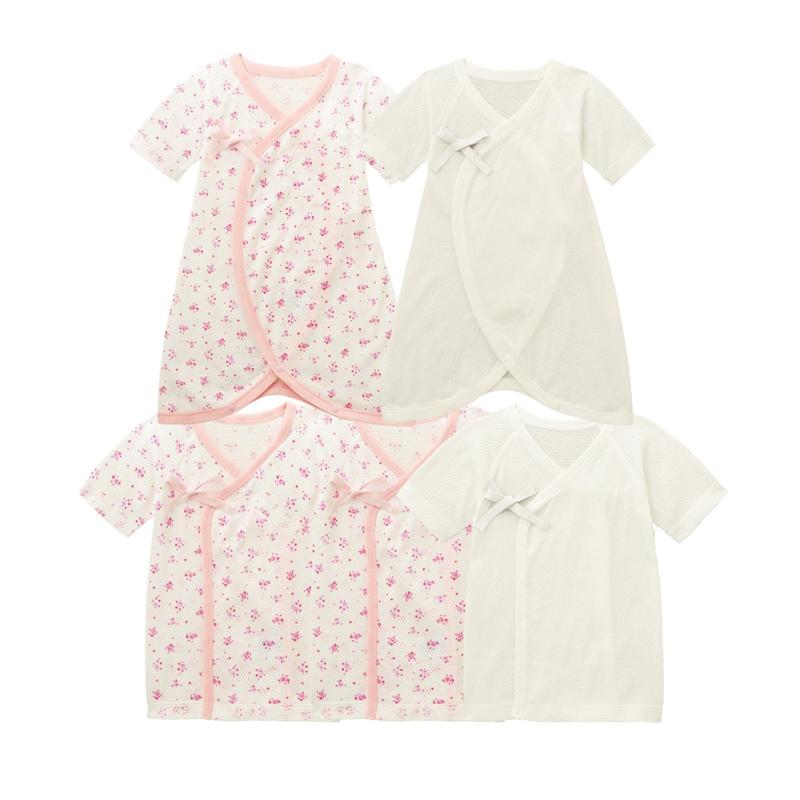 ベルメゾン さらっと快適 計5点セット 短肌着３枚 コンビ肌着２枚 綿100 メッシュ オフホワイトドット サックスおばけ