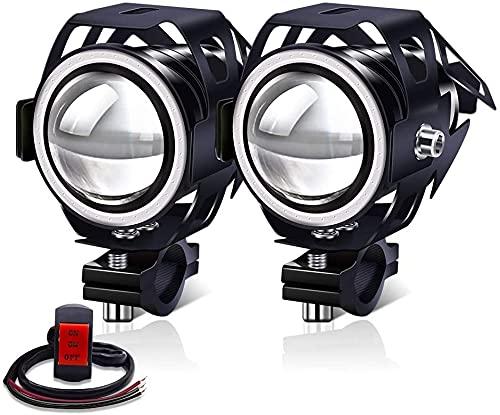 Aoling バイク フォグランプ 12V 24V ハイ?ロー?ストロボ LEDバイクヘッドライト 補助ライト 補助灯 オートバイ補助フォグランプ ホワイトライト ブルーイカリング付き ON/ON/OFFスイッチ付き 汎