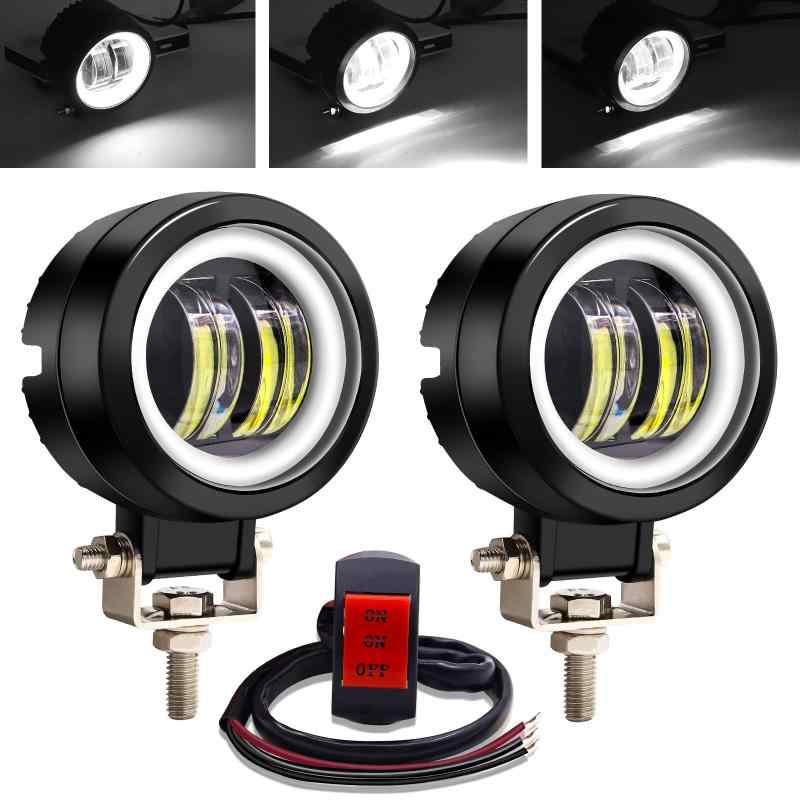 Aoling バイク フォグランプ LED カットライン イカリング スイッチ付き ヘッドライト 補助灯フォグランプ小型、12V24V兼用 丸型 広角 2個 メインホワイト＋イカリング (白+白)