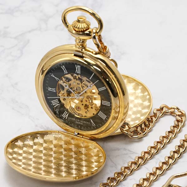 チャールズヒューバート CHARLES HUBERT 懐中時計 47mm ダブルハンターケース イエローゴールド/ブラック文字盤 ポケットウォッチ 機械式 手巻き チャールズ ヒューバート DWA-061【国内正規品】