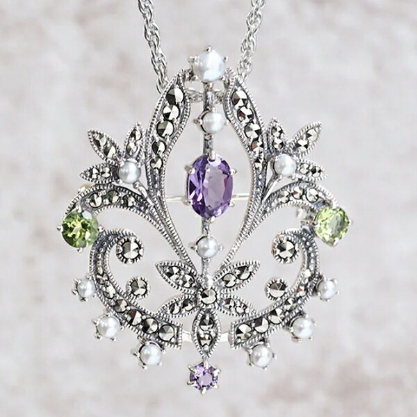 イタリア製 Pietra Dura象嵌細工 バラ文様 ブローチ シルバー800