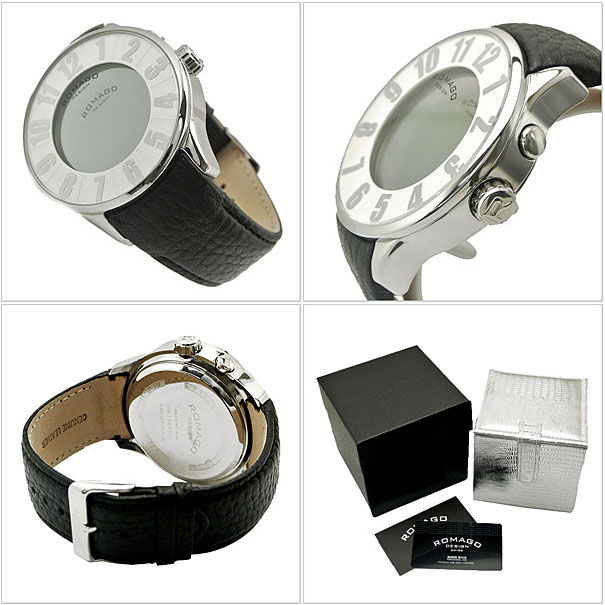 ロマゴデザイン手表numeration镜子表牛皮皮带/白x银子表盘rm007-0053
