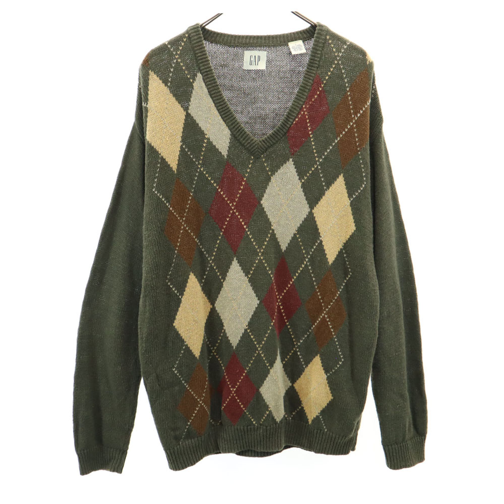 古着 GAP ギャップ 90s リネンブレンド 白タグ オールド アーガイル 長袖 コットンニット セーター L グリーン系 メンズ 【中古】｜Bellis