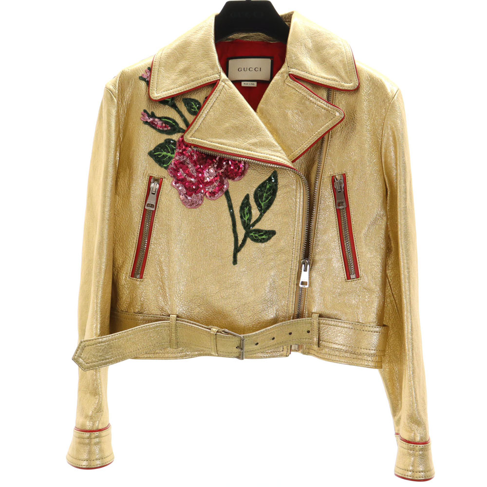 古着 GUCCI グッチ 491948 イタリア製 ゴートレザー ダブルライダースジャケット 36 ゴールド スパンコール ショート丈 ハンガー 衣装カバー付き レディース 【中古】｜Bellis 103,400円