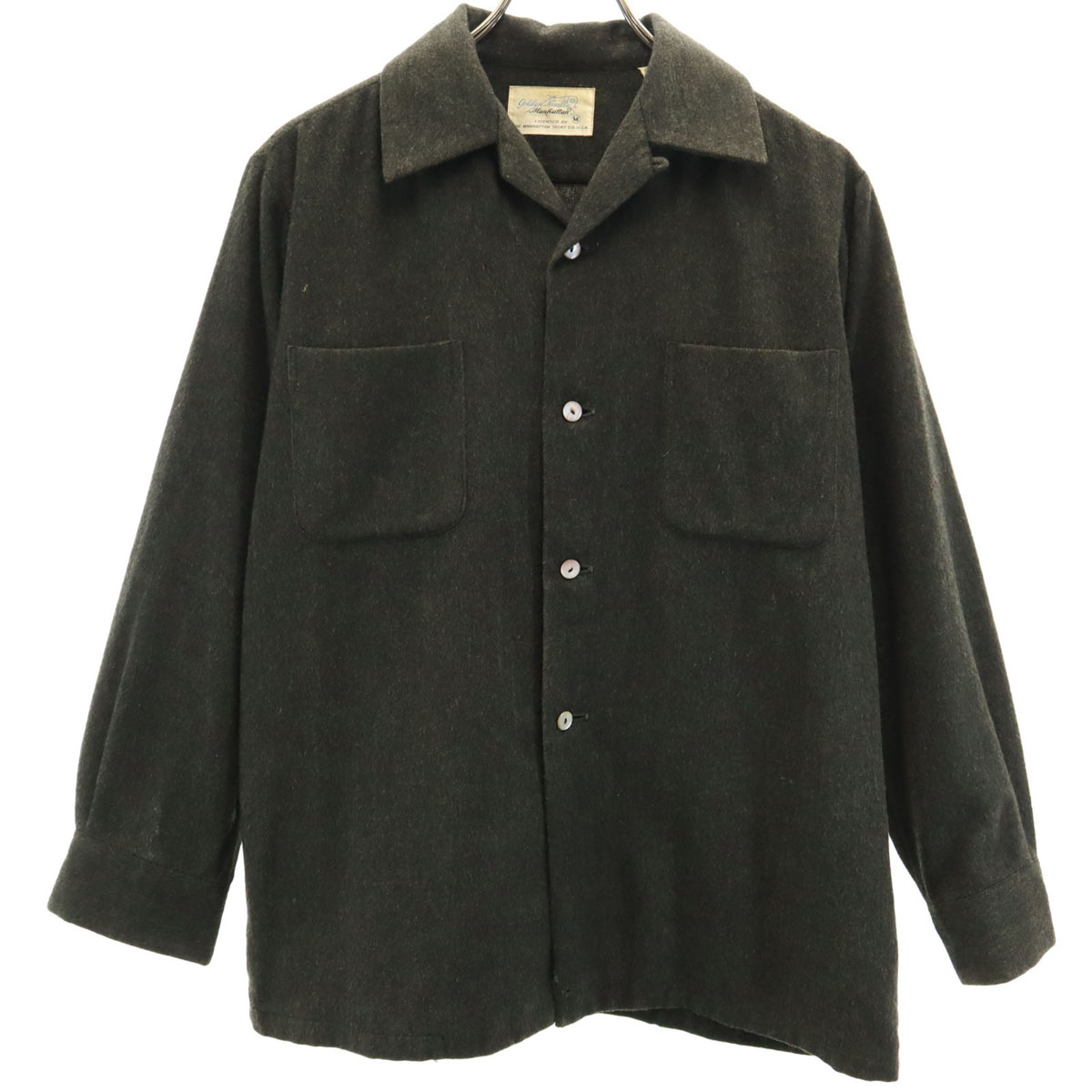古着 Golden Needle Manhattan ゴールデン針 60s ヴィンテージ 開襟プルオーバー 長袖 オープンカラーシャツ M カーキ メンズ 【中古】 【PD】