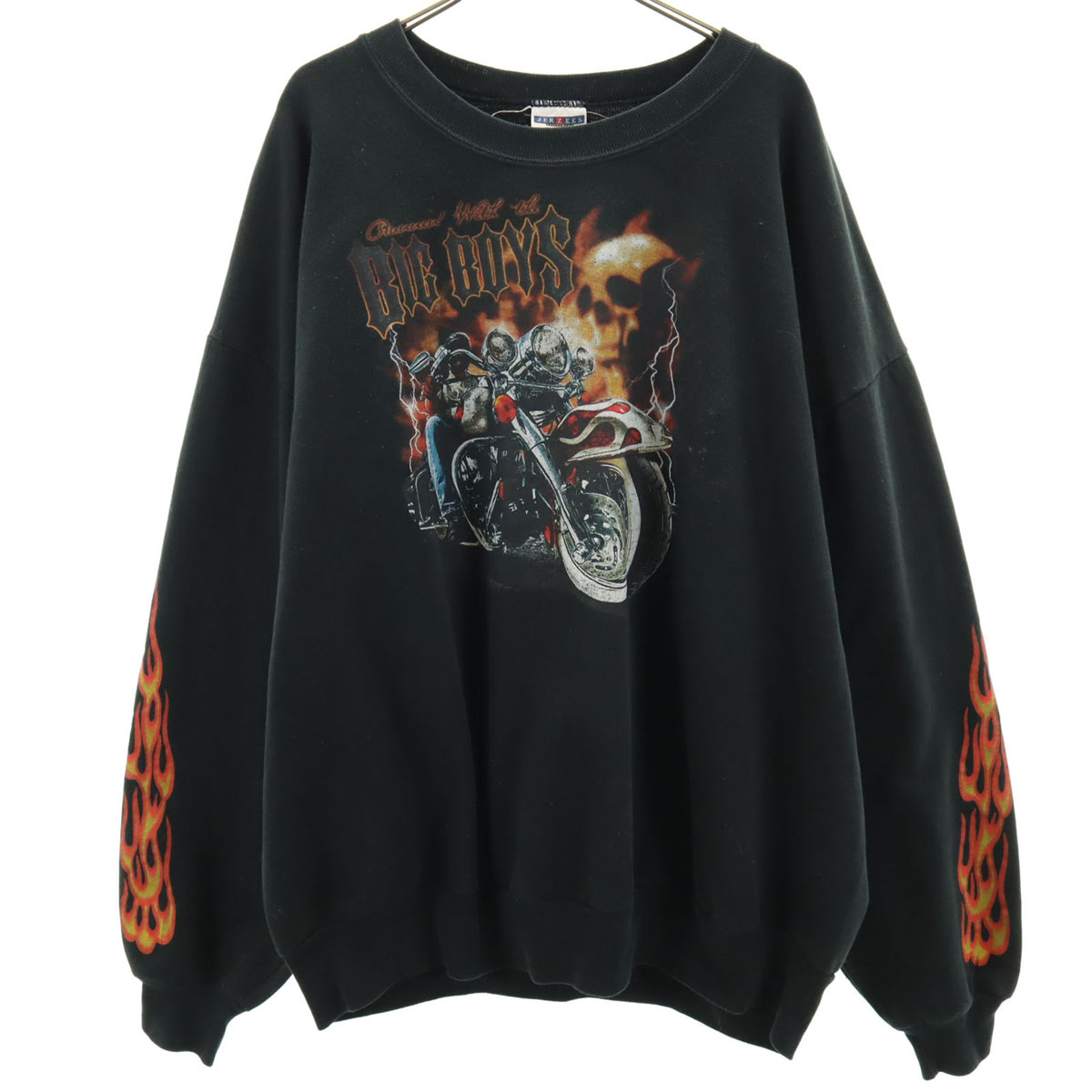 古着 JERZEES ジャージーズ 90s 00s オールド ファイヤーパターン バイカー スカル 長袖 プリント スウェット 2XL ブラック メンズ 【中古】｜Bellis