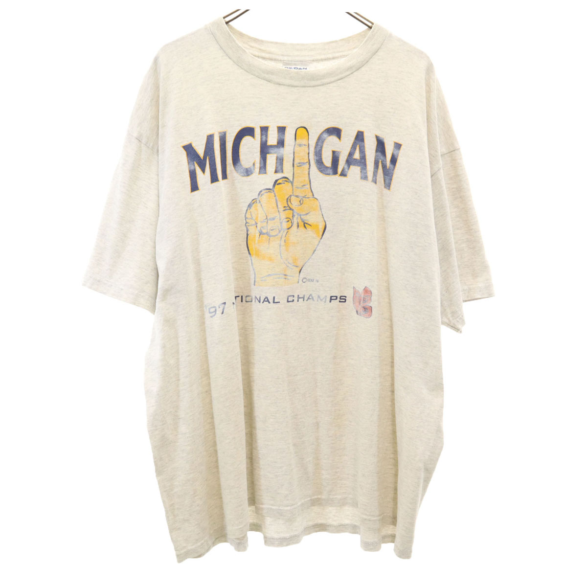 古着 GILDAN ギルダン 90s 年寄りの 刺しゅう下げ札 ミシガン湖最高学府 半袖 分科大学 プルオーバー XXL 薄墨色 メンズ 【中古】