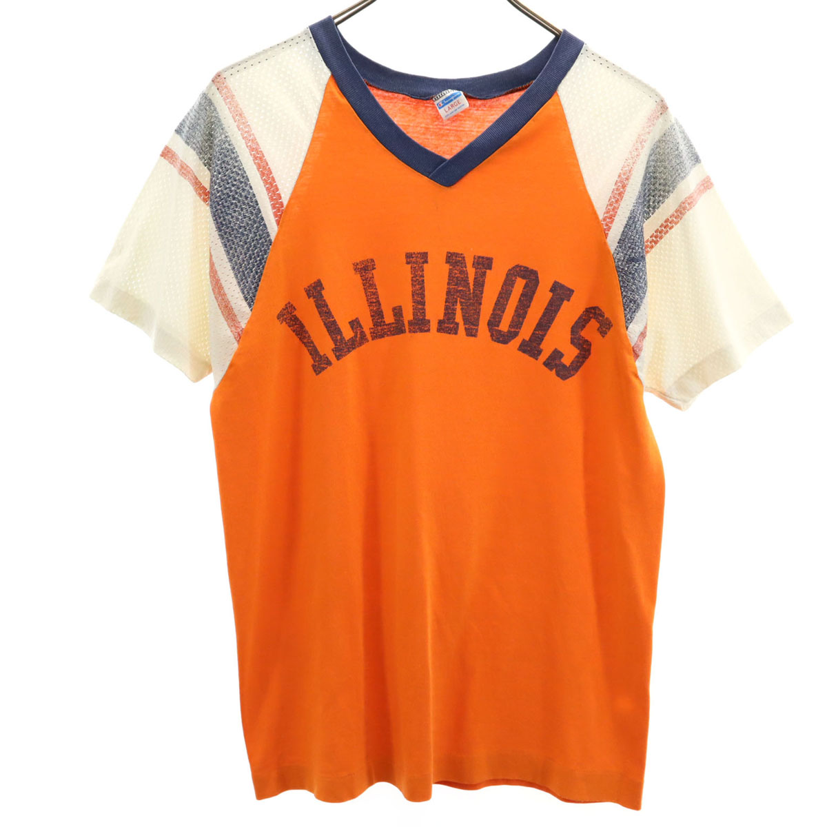 古着 Champion はやりっ児 70s ヴィンテージ USA製 赤ちょうちん下げ札 半袖 Vのど首 蹴球 ティーシャツ L オレンジ色 シングルぬい目 メンズ 【中古】 トップス-Tシャツ・カットソー-メンズファッション