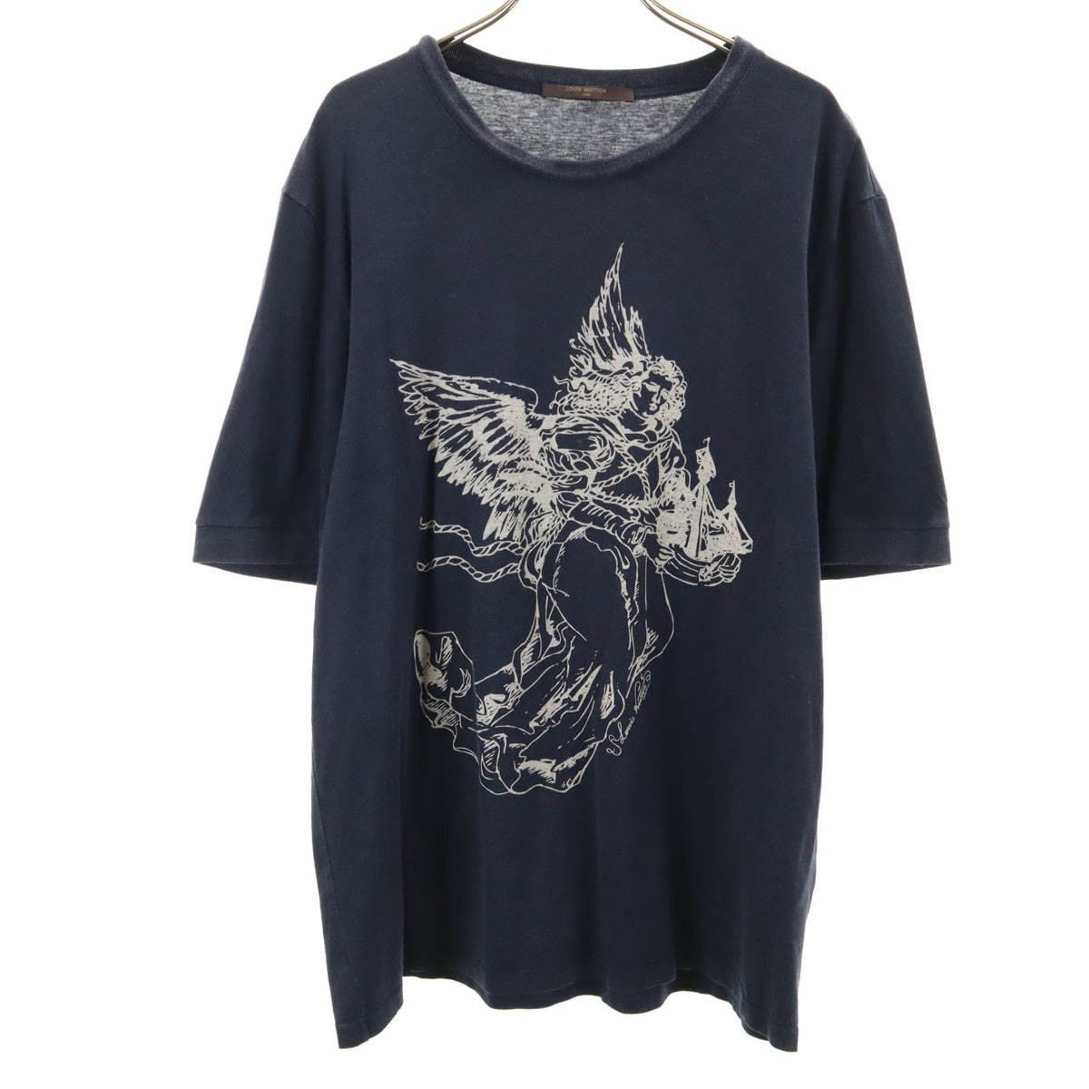 古着 LOUIS VUITTON ルイヴィトン イタリア製 シルクブレンド エンジェル プリント 半袖 Tシャツ XL ネイビー 天使 メンズ 【中古】｜Bellis
