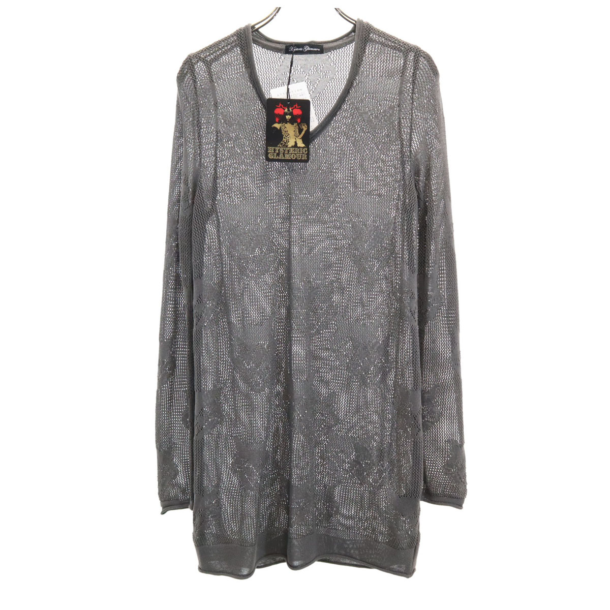 古着 未使用 HYSTERIC GLAMOUR ヒステリックグラマー 日本製 長袖 猫 メッシュ編み チュニック FREE グレー タグ付き ニット レディース 【中古】|Bellis