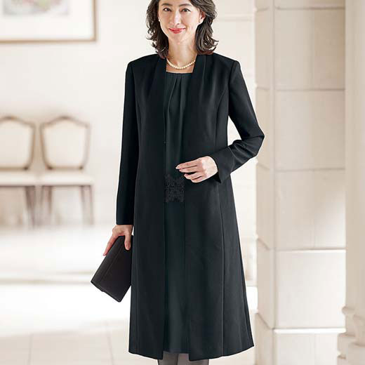 楽天市場 最大1000円offクーポン配布中 在庫残りわずか ブラックフォーマル 黒 19abr 21abr 23abr 洗える ロングジャケット ワンピースアンサンブル 19abr 23abr ベルーナ Belluna 40代 50代 60代 レディース ミセス 大人 ファッション 夏 夏服 喪服 スーツ