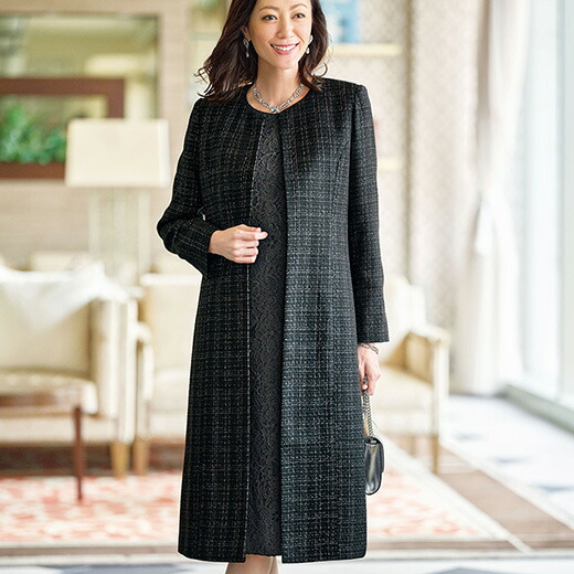 楽天市場 フォーマルスーツ 7ar 9ar 11ar 13ar 15ar 17ar ツイード素材ロングジャケットワンピースアンサンブル 7ar 17ar 40代 50代 60代 ファッション 先生 服装レディース ベルーナ Belluna 入学式 スーツ ママ 七五三 母 入園式 お宮参り ベルーナ