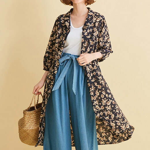 楽天市場 アウトレット カットソーワンピース M L Ll 3l 4l 5l 開衿デザインプリントワンピース ベルーナ Belluna 40代 50代 60代 レディース ミセス 大人 ファッション 夏 ワンピース 花柄 体型カバー 長袖 在庫処分 ベルーナ